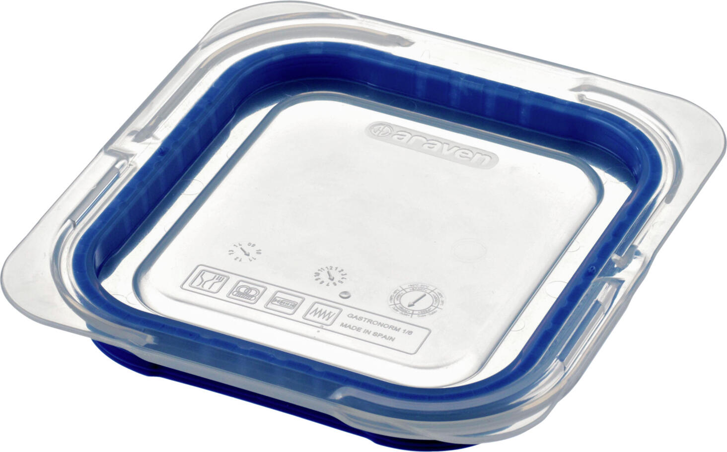Araven Araven Food Safety innovation Lid GN 1/6 hermetic Deckel GN 1/6 hermetisch Lid GN 1/6 hermetic; size GN 1/6, 17.6x16.2 cm (LxW); transparent; rectangular Deckel GN 1/6 hermetisch; Größe GN 1/6, 17.6x16.2 cm (LxB); transparent; rechteckig Hermetic lid GN 1/6 made from bi-injected plastic with a rubber seal. Reliably seals containers and optimally protects food. Food does not dry out or absorb or emit smells. Liquids do not leak out of the container during storage or transport. Heat-resistant from -40 °C to +95 °C, can be used with Araven GN ABS plastic containers. Hermetischer Deckel GN 1/6 aus Bi-Einspritzung mit Kautschukdichtung. Verschließt Behälter zuverlässig und sorgt für maximalen Schutz der Lebensmittel. Kein Austrocknen, Gerüche werden nicht angenommen oder abgesondert. Kein Austreten von flüssigem Behälterinhalt bei Konservierung oder Transport. Hitzebeständig von -40°C bis +95°C und mit Araven GN ABS Kunsstoffbehältern kombinierbar.