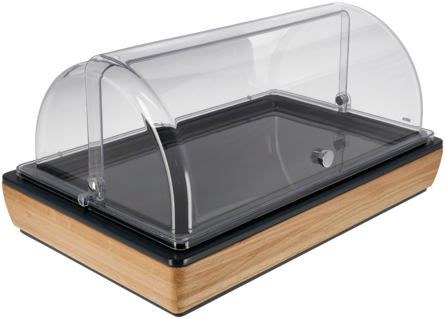 VEGA LUSINI Solutions GmbH Buffet display cabinet Montana oak medium, GN 1/1, melamine Buffetvitrine Montana mittel, GN 1/1, Melamin Buffet display cabinet Montana oak medium, GN 1/1, melamine; GN 1/1, 57x36.5x27.4 cm (LxWxH); oak/transparent/black; rectangular Buffetvitrine Montana mittel, GN 1/1, Melamin; GN 1/1, 57x36.5x27.4 cm (LxBxH); eiche/transparent/schwarz; rechteckig The set consists of the buffet box flat made of solid oak wood with anthracite-colored MDF panel, a base container made of high-quality plastic with a heat resistance up to 70 °C, the matching cold pack made of polyethylene, the black, stackable, impact and break-proof presentation platter made of melamine in GN size (application area: 30 °C to +70 °C) and the unbreakable roll-top cover Sturgis made of high-quality tritan (bisphenol A-free) with non-slip stop rubber coating for quiet opening and closing. The presentation platter is dishwasher safe, all other parts are not. Kühlvitrine besteht aus der Grundbox flach aus massivem Eichenholz mit MDF Blende, einer Basisschale aus hochwertigem Kunststoff mit einer Hitzebeständigkeit bis 70 °C, dem passenden Kühlakku aus Polyethylen, der schwarzen, stapelbaren, stoß- und bruchfesten Präsentationsplatte aus Melamin im GN-Maß (Einsatzbereich: -30 °C bis +70 °C) und der bruchsicheren Rolltophaube Sturgis aus hochwertigem Tritan (Bisphenol A -frei) mit rutschfester Anschlagsgummierung für leises Öffnen und Schließen. Die Präsentationsplatte ist spülmaschinenfest, alle anderen Teile nicht.