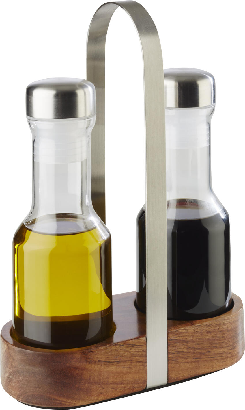 APS Assheuer + Pott GmbH & Co. KG Vinegar & oil cruet WOOD Essig- & Öl-Menage WOOD Vinegar & oil cruet WOOD; 7.5x24.5 cm (WxH); brown/silver Essig- & Öl-Menage WOOD; 7.5x24.5 cm (BxH); braun/silber Matt polished, elegant design. The WOOD vinegar and oil cruet consists of a wooden base, a stainless steel handle and two glass containers with stainless steel lids and screw caps. Die Menage WOOD ist eine elegante Lösung zum Bereitstellen von Essig und Öl am gedeckten Tisch, im Restaurant oder im Frühstücksbereich. Die Kombination aus Akazienholz, Glas und mattiertem Edelstahl sorgt für eine hochwertige, natürliche Optik und eine professionelle Präsentation. Die praktische Basis hält die Behälter ordentlich zusammen, während die möbelschonende Unterseite empfindliche Oberflächen schützt. * Material: Akazienholz, Glas, 18/8 Edelstahl und Polyethylen * Set mit Basis sowie Essig- und Ölbehältern * Mit Ausgießern für kontrolliertes Dosieren * Für Restaurant, Frühstücksbereich und Tischservice geeignet * Möbelschonende Unterseite zum Schutz von Oberflächen * Feucht abwischbar