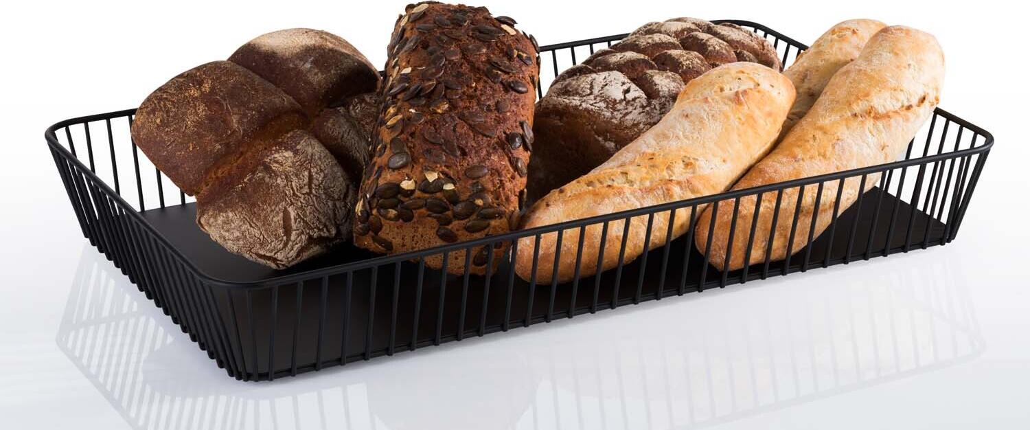 APS Urban Serving Basket, 53 x 32.5 x 7.5 cm, Powder-Coated Black Metal Wire Basket with Non-Slip Feet, Stackable Gastronomy Buffet Basket for Bread and Fruit