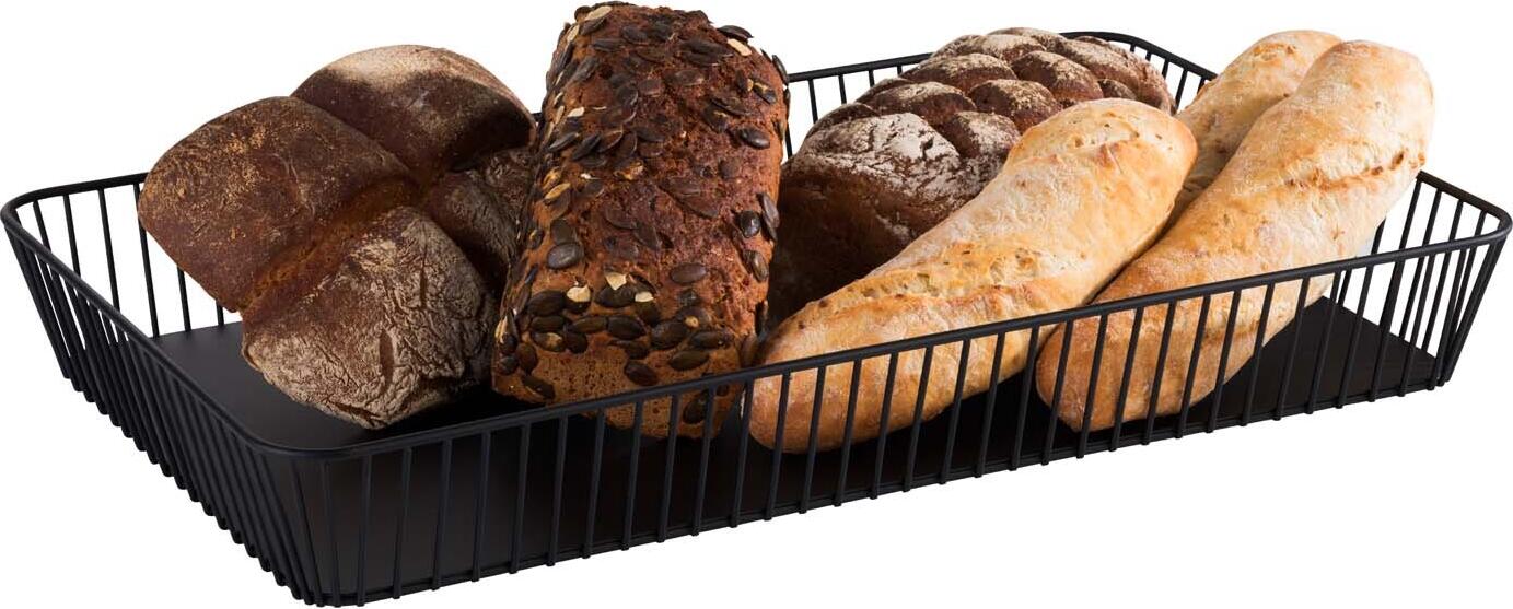 APS Urban Serving Basket, 53 x 32.5 x 7.5 cm, Powder-Coated Black Metal Wire Basket with Non-Slip Feet, Stackable Gastronomy Buffet Basket for Bread and Fruit