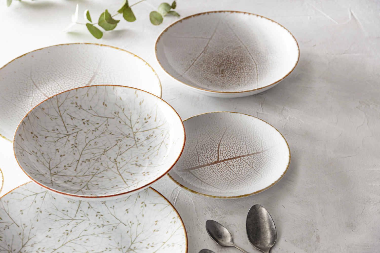 VEGA Pianta Porcelain Flat Plate 24.5 cm, White and Brown Leaf Digital Print, Rimless, Dishwasher and Microwave Safe