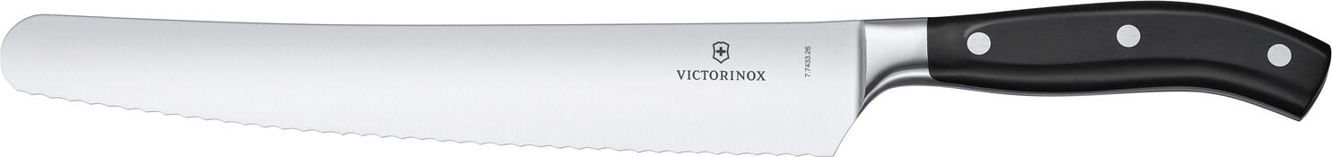 Victorinox Victorinox AG Bread and pastry knife Grand Maître, waves Brot- und Konditormesser Grand Maitre, Wellen Bread and pastry knife Grand Maître, waves; Blade length 26 cm, 40.6 cm (L); silver/black Brot- und Konditormesser Grand Maitre, Wellen; Klingenlänge 26 cm, 40.6 cm (L); silber/schwarz GRAND MAÎTRE RELIABLE CRAFTSMANSHIP LEADS TO ENJOYMENT - Forged from a single piece and evenly hardened - Perfect balance for comfort at work - Timeless, durable design Balance and equilibrium: this is the credo of the Grand Maître collection, which is appreciated by professional and amateur chefs alike. Each model in the popular series has been forged from a single forged from a single piece and evenly hardened. This manufacturing method guarantees a seamless transition from handle to blade and greater control and precision with every cut. The ergonomically shaped handle also offers optimum comfort over a long period of time. A kitchen tool that pays for itself every day. Handle material: Polyoxymethylene is robust, hard and retains its dimensional stability even at high temperatures. It is highly abrasion-resistant, can be sterilized and is suitable for temperatures up to 130°C. GRAND MAÎTRE ZUVERLÄSSIGE HANDWERKSKUNST FÜHRT ZUM GENUSS - Aus einem Stück geschmiedet und gleichmäßig gehärtet - Perfekte Balance für Komfort bei der Arbeit - Zeitloses, langlebiges Design Ausgewogenheit und Balance: Das ist das Credo der Grand Maître Kollektion, die Profi- und Hobbyköche gleichermaßen zu schätzen wissen. Jedes Modell der beliebten Serie wurde aus einem einzigen Stück geschmiedet und gleichmäßig gehärtet. Diese Fertigungsmethode garantiert einen nahtlosen Übergang vom Griff zur Klinge und höhere Kontrolle und Präzision bei jedem Schnitt. Außerdem bietet der ergonomisch geformte Griff auch über lange Zeit optimalen Komfort. Ein Küchenwerkzeug, das sich täglich bezahlt macht. Material Griff: Polyoxymethylen ist robust, hart und behält seine dimensionale Stabilität auch bei hohen Temperaturen bei. Es ist sehr abriebfest, kann sterilisiert werden und ist für Temperaturen bis zu 130 °C geeignet.