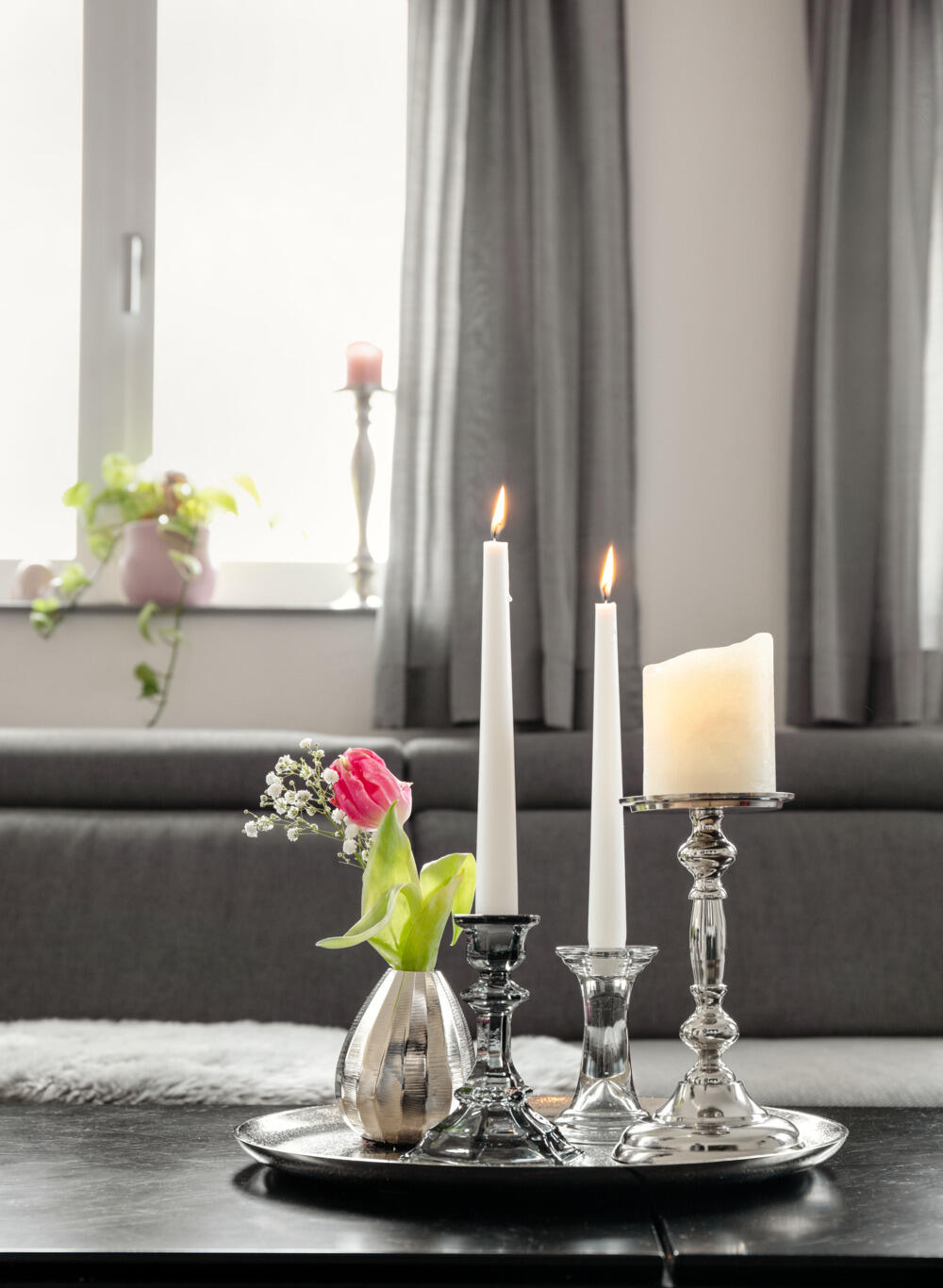 Vega Fiella Baroque Glass Candlestick for Taper Candles, Grey Colored Glass, 5 cm Diameter, 14.8 cm Height, Dishwasher Safe