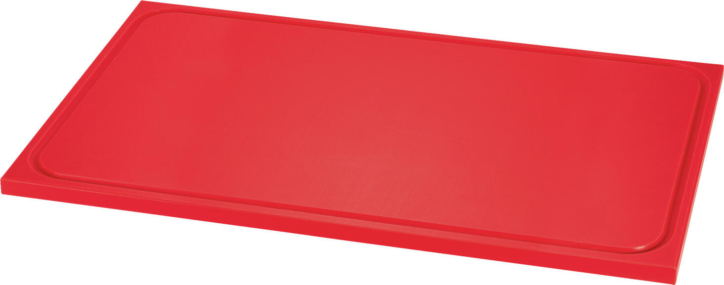 PULSIVA LUSINI Solutions GmbH Chopping board Clever MR GN 1/1 Schneidebrett Clever MR GN 1/1 Chopping board Clever MR GN 1/1; 53x32.5x1.5 cm (LxWxH); red Schneidebrett Clever MR GN 1/1; 53x32.5x1.5 cm (LxBxH); rot Food-grade cutting boards made of polyethylene. Very cutting resistant due to extremely high material density. Food-grade use according to HACCP (Hazard Analysis Critical Control Points) with gutter. Usable on both sides. Stackable and dishwasher safe. Lebensmittelechte Schneidbretter aus Polyethylen. Sehr schneidbeständig durch extrem hohe Materialdichte. Lebensmittelgerechte Verwendung nach HACCP (Hazard Analysis Critical Control Points) Mit Ablaufrinne. Beidseitig verwendbar. Stapelbar und spülmaschinenfest.