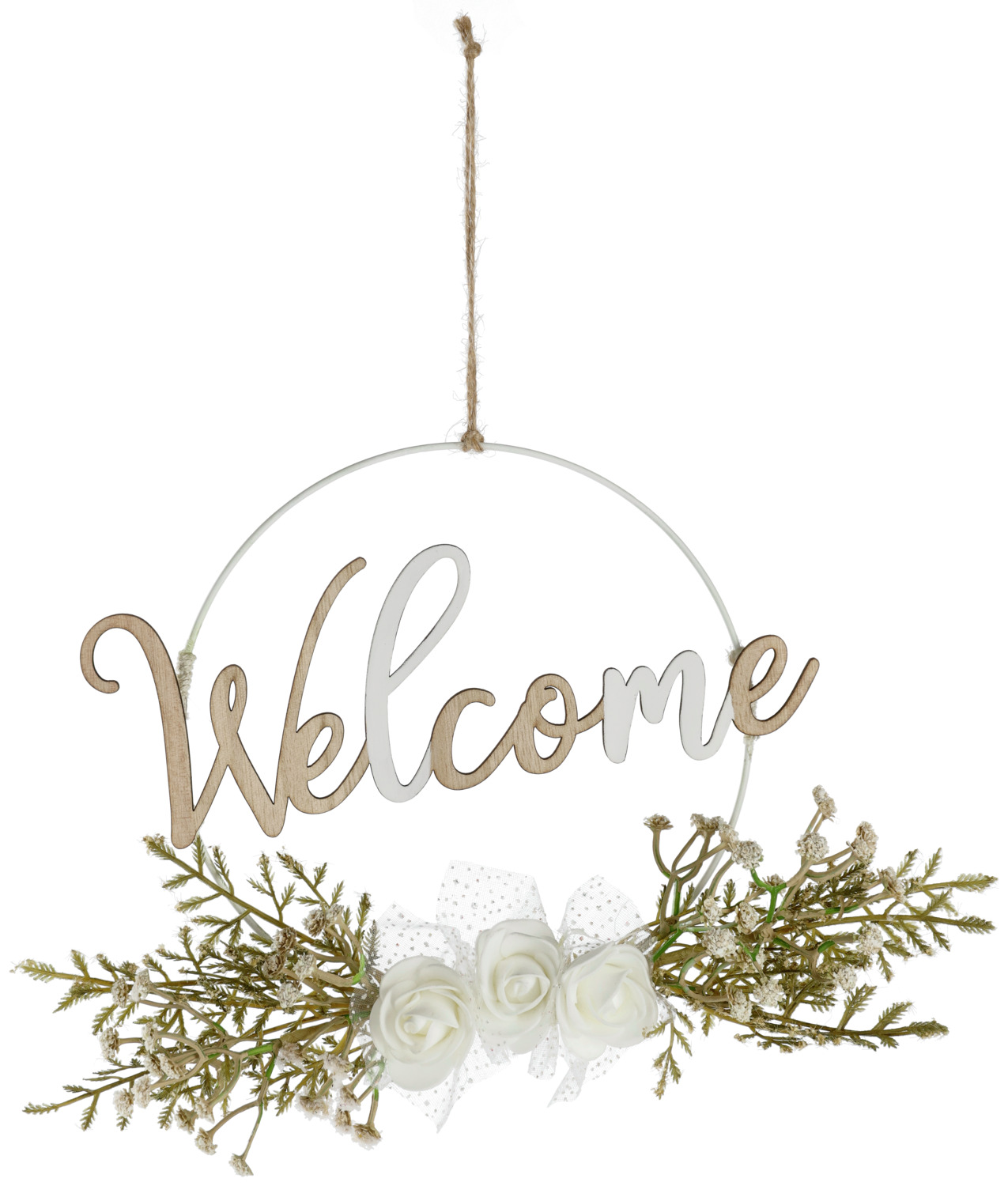 unknown LUSINI Solutions GmbH Decorative hanger Welcome Deko-Hänger Welcome Decorative hanger Welcome; 22.5 cm (Ø); brown/rose/white Deko-Hänger Welcome; 22.5 cm (Ø); braun/rosa/weiß Door hanger with floral decoration. Tür-Aufhänger mit floraler Dekoration.