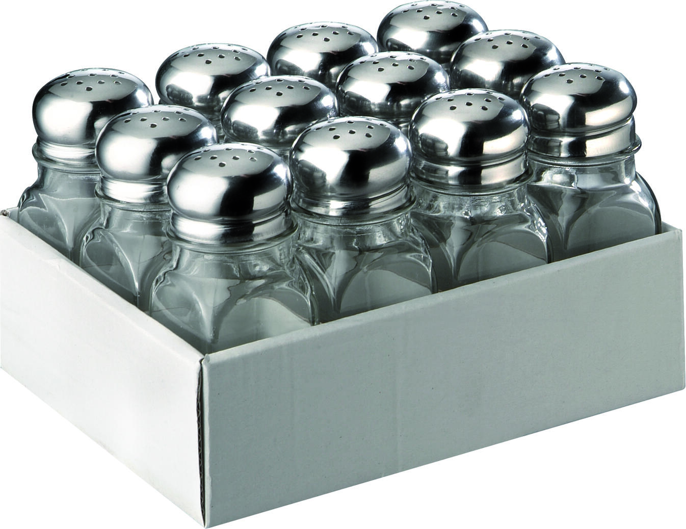 APS Assheuer + Pott GmbH & Co. KG All-purpose shaker Allzweckstreuer All-purpose shaker; 4x4x10 cm (WxØxH); silver/transparent; 12 piece / pack Allzweckstreuer; 4x4x10 cm (BxØxH); silber/transparent; 12 Stück / Pack 3 or 13 holes. The all-purpose shakers from APS are suitable for all types of spices. Depending on requirements, they are available with three or 13 holes. Das Allzweckstreuer-Set eignet sich ideal zum Bereitstellen und Dosieren von Salz, Pfeffer, Gewürzen, Zucker oder weiteren feinen Streuzutaten am gedeckten Tisch, im Buffetbereich oder in der Küche. Die Glasbehälter ermöglichen eine gepflegte Präsentation und geben den Blick auf den Füllstand frei. Die Edelstahl-Deckel unterstützen eine saubere, gleichmäßige Ausgabe und machen das Set vielseitig einsetzbar. * Material: Glas und Edelstahl * Set mit zwölf Allzweckstreuern * Für Salz, Pfeffer, Gewürze und feine Streuzutaten geeignet * Für Tischservice, Buffetbereich und Küche geeignet * Transparente Behälter zur einfachen Füllstandskontrolle * Spülmaschinengeeignet