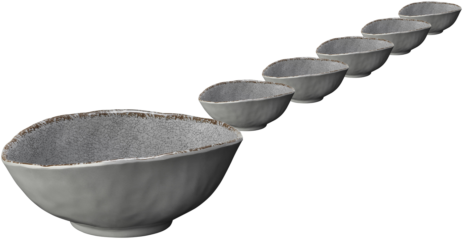 LUSINI Portage Melamine Oval Bowl Set of 6, High Impact and Break Resistant, Dishwasher Safe, Stackable, 1500ml, 9.3cm Height, Grey