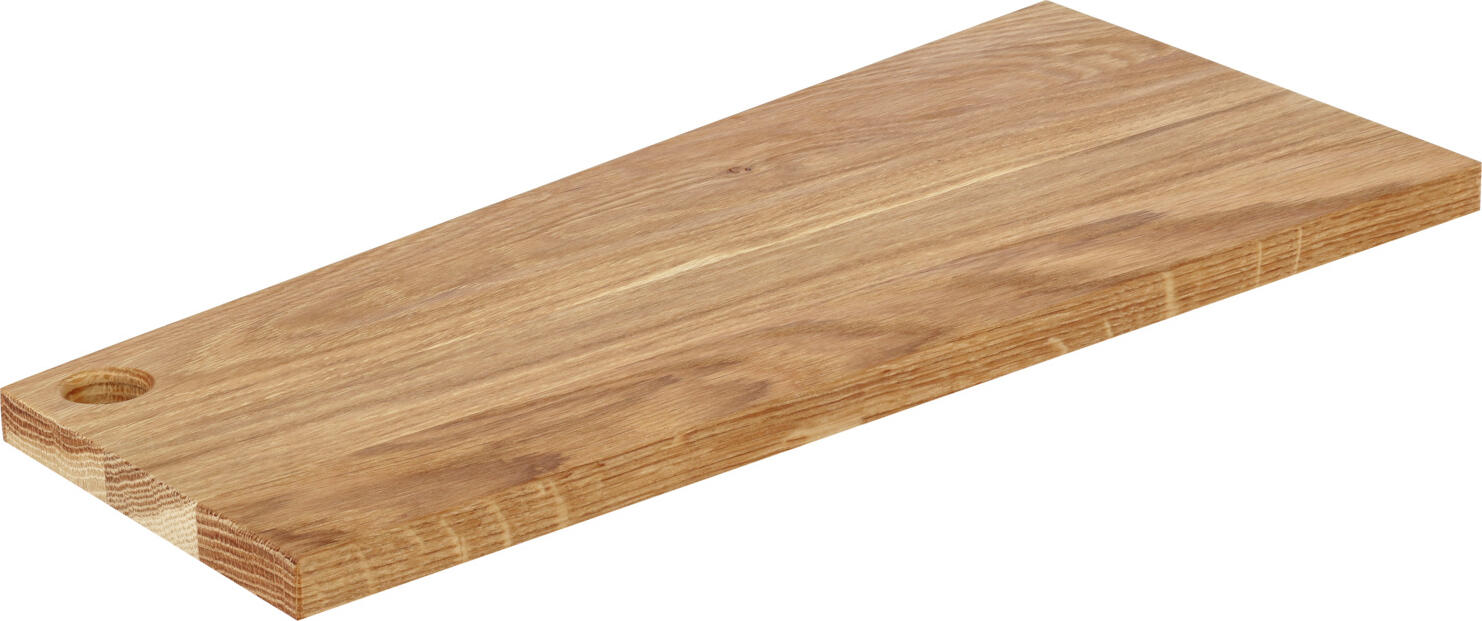 VEGA LUSINI Solutions GmbH Serving board Pollino Servierbrett Pollino Serving board Pollino; 53x25x2 cm (LxWxH); oak; trapezoidal Servierbrett Pollino; 53x25x2 cm (LxBxH); eiche; trapezförmig Oiled oak wooden board with handle. The large hole in the handle helps you to grip or hang up the board. Food safe. Not suitable for dishwasher. Speisenbrett aus geöltem Eichenholz mit Griff. Das große Loch im Griff hilft beim Greifen oder Aufhängen des Brettes. Lebensmittelecht. Nicht spülmaschinengeeignet.