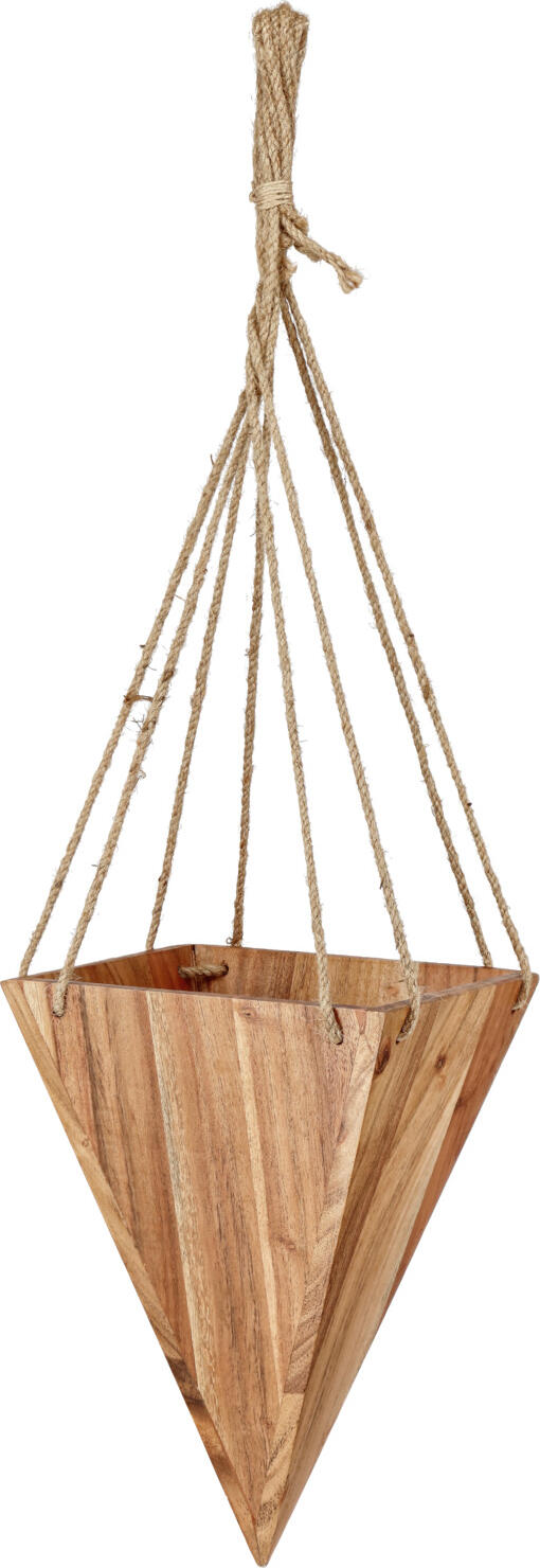 unknown LUSINI Solutions GmbH Plant pot Bosso hanging Pflanztopf Bosso hängend Plant pot Bosso hanging; 20x20x30 cm (LxWxH); brown; pyramid-shaped Pflanztopf Bosso hängend; 20x20x30 cm (LxBxH); braun; pyramidenförmig Hanging basket for artificial plants made of wood. Pyramid shape. Hängeampel für Kunstpflanzen aus Holz. Pyramidenform.