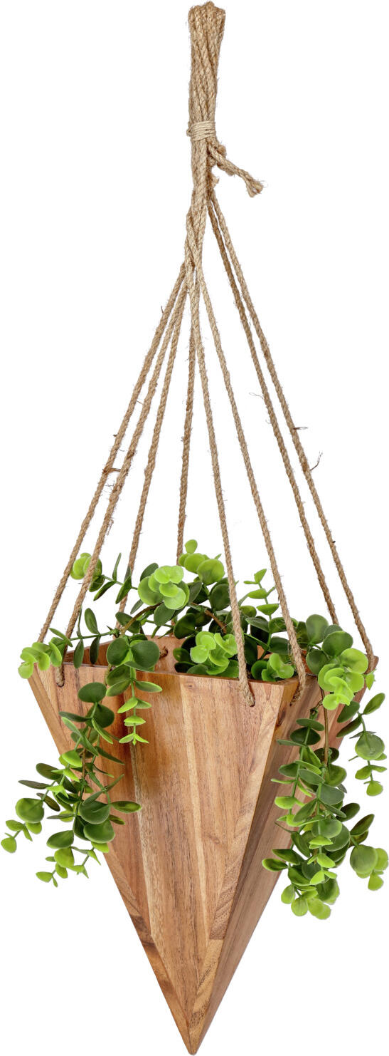 Vega Bosso Hanging Plant Pot, Pyramid Wooden Basket for Artificial Plants with Hanging Rope, Brown, 20x20x30 cm