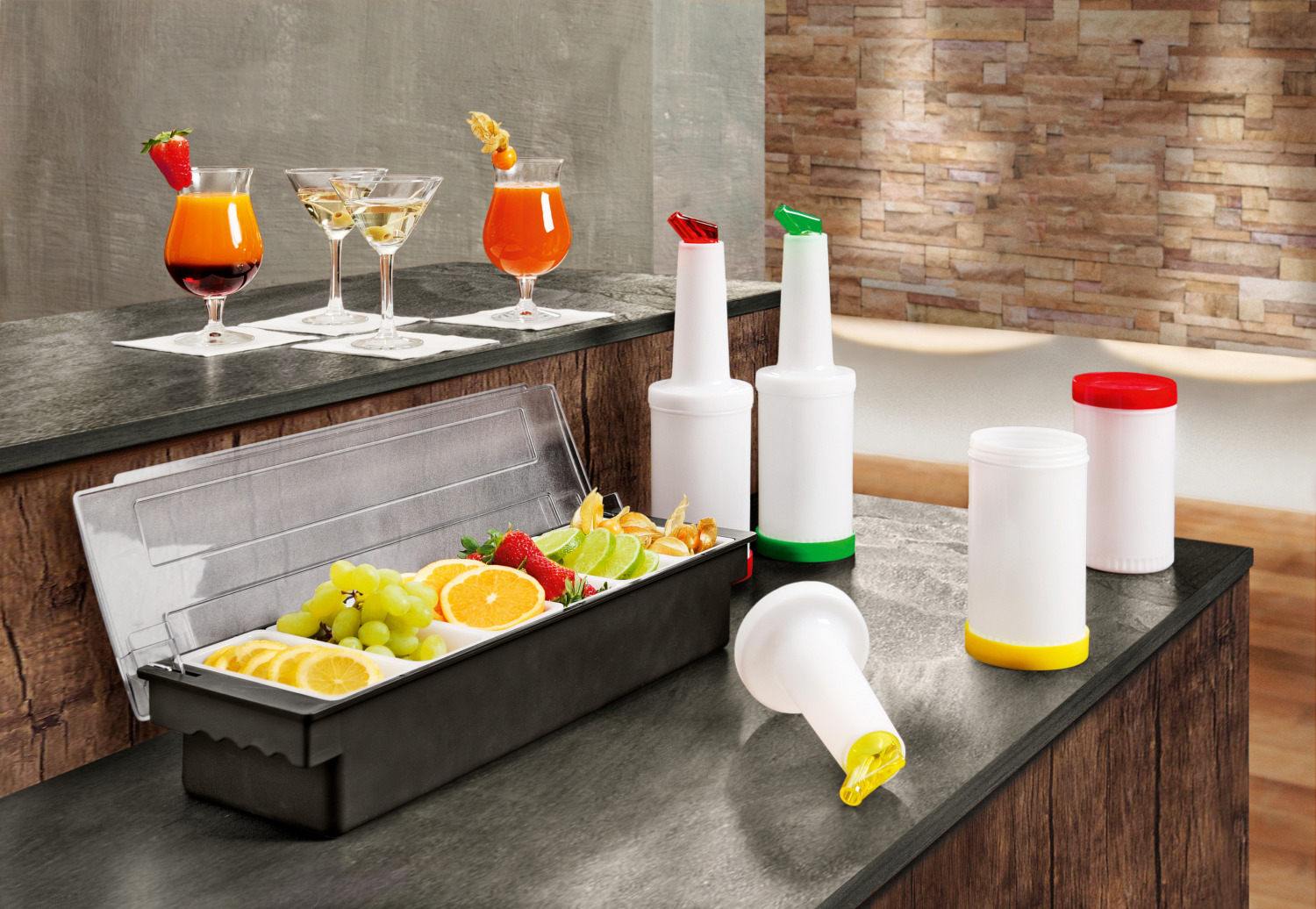 Vega Widnes Ingredient Container Bar Caddy with 6 Inserts, Plastic Storage for Garnishes, 49.5 x 15 x 9 cm, Black and Transparent