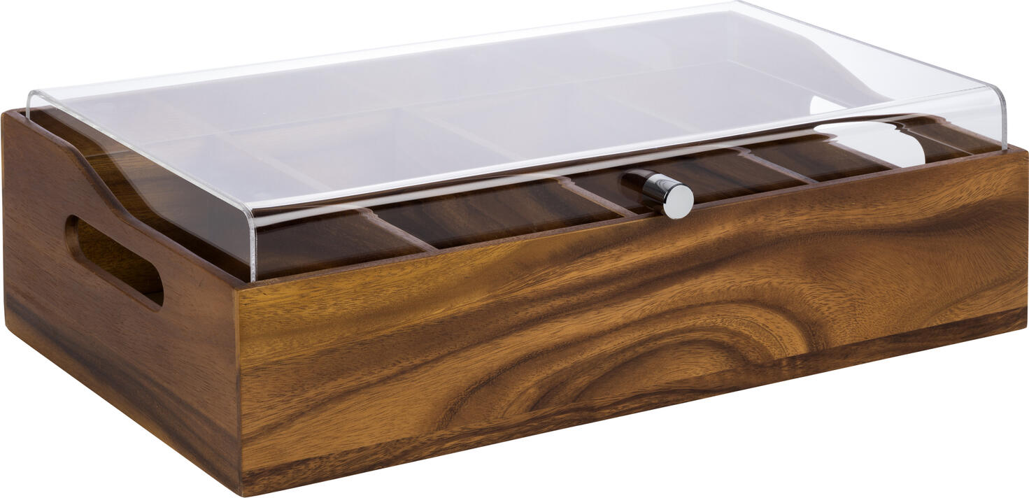 APS Assheuer + Pott GmbH & Co. KG Cutlery container with lid Besteckbehälter VINTAGE, Akazienholz/Acryl Cutlery container with lid; 51x28x14.5 cm (LxWxH); brown Besteckbehälter VINTAGE, Akazienholz/Acryl; 51x28x14.5 cm (LxBxH); braun Cutlery container with lid made of acacia wood, 4 compartments, each: 26x11.5 cm. Der Besteckbehälter mit Deckel kombiniert natürliche Materialien mit praktischer Funktionalität und sorgt für eine geschützte sowie übersichtliche Aufbewahrung von Besteck und Utensilien. Der transparente Deckel ermöglicht jederzeit einen schnellen Überblick über den Inhalt, während die durchdachte Fächereinteilung Ordnung schafft. Dank der seitlichen Eingriffe lässt sich der Behälter komfortabel transportieren und flexibel einsetzen. * Gefertigt aus Akazienholz mit Deckel aus Acryl * Mehrere Fächer für strukturierte Organisation * Transparenter Deckel für schnellen Überblick * Seitliche Eingriffe für einfaches Tragen * Stapelbar für platzsparende Aufbewahrung * Feucht abwischbar * Für Gastronomie und privaten Einsatz geeignet