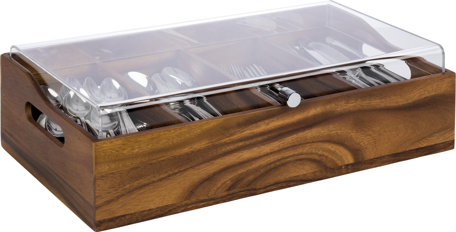 Container Tacuri APS Assheuer + Pott VINTAGE, Lemn de Acacia cu Capac Removabil din Acril Transparent, 4 Compartimente, 51x28x14.5 cm, cu Manere Laterale