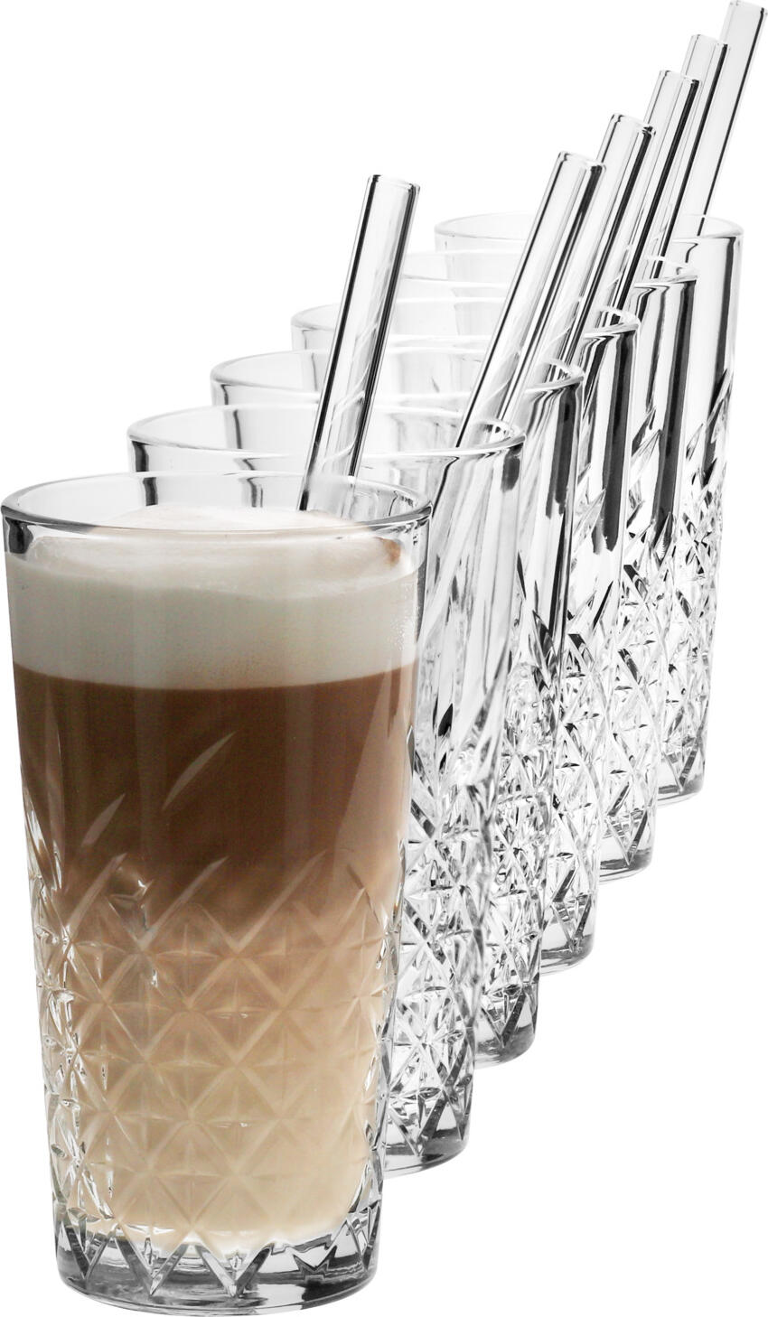 VEGA LUSINI Solutions GmbH Latte glass set 12-piece Latte Macchiato Gläser-Set 12-teilig Latte glass set 12-piece; 360 ml, 7.9x14.7 cm (ØxH); transparent Latte Macchiato Gläser-Set 12-teilig; 360 ml, 7.9x14.7 cm (ØxH); transparent Set consisting of six latte macchiato glasses made of tempered glass and six drinking straws made of borosilicate glass. Glasses have a stylish relief on the outside and are stackable. Dishwasher safe. Includes cleaning brush. Set bestehend aus sechs Latte-Macchiato Gläsern aus gehärtetem Glas und sechs Trinkhalmen aus Borosilikatglas. Gläser mit trendigem Relief an der Außenseite, stapelbar. Spülmaschinenfest. Inklusive Reinigungsbürste.