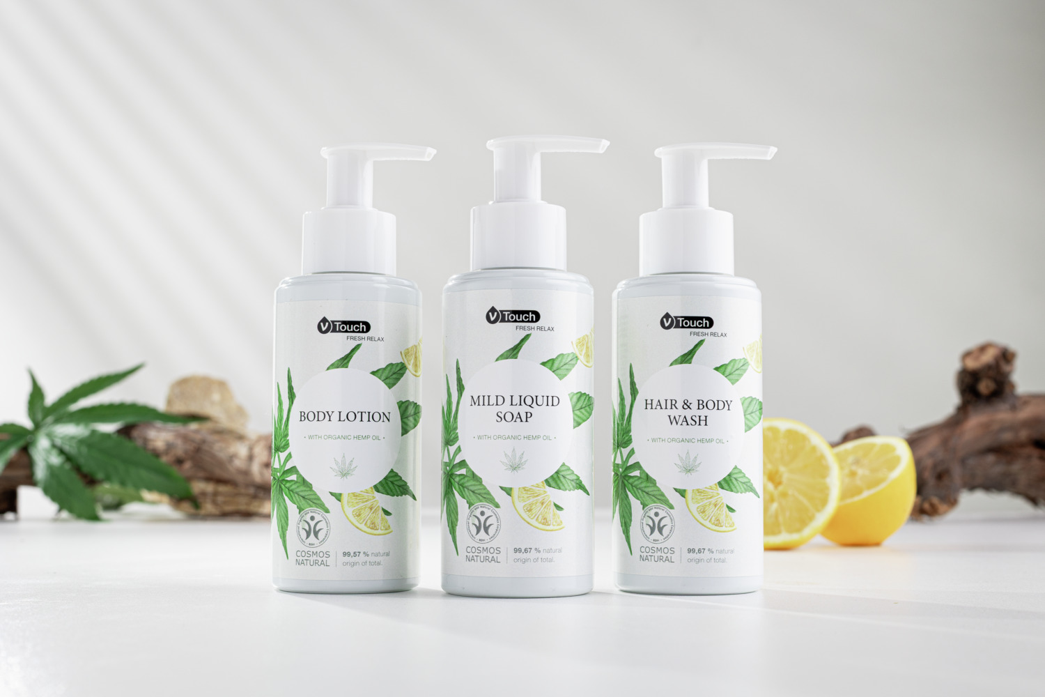 V-Touch Fresh Relax Hotel Cosmetics Sample Set, 3 Piece Vegan COSMOS NATURAL Certified Natural Cosmetics with Organic Hemp and Lemon Oil, pH-neutral
