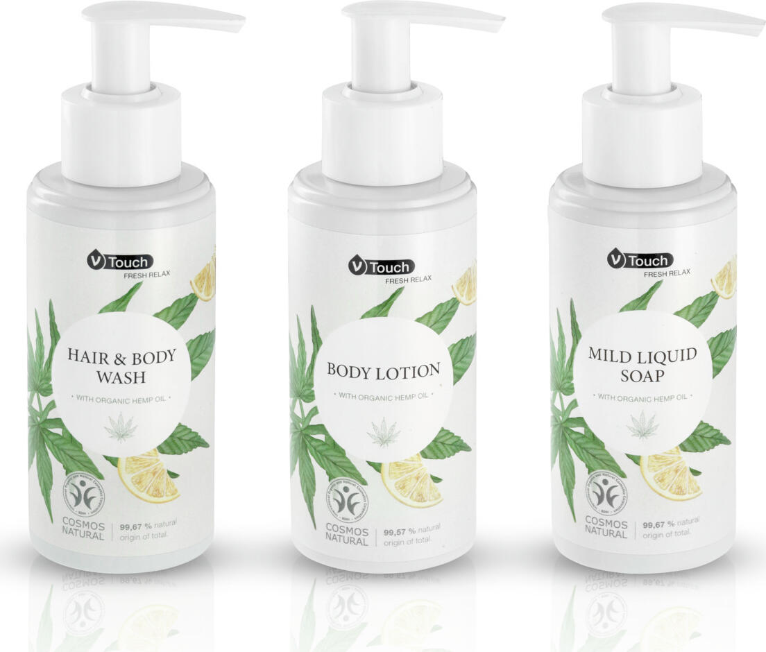 V-Touch LUSINI Solutions GmbH Sample set hotel cosmetics Fresh Relax 3-piece Mustergarnitur Hotelkosmetik Fresh Relax 3-teilig Sample set hotel cosmetics Fresh Relax 3-piece; multicolored Mustergarnitur Hotelkosmetik Fresh Relax 3-teilig; mehrfarbig Take advantage of our sample service and order the three-piece sample set for the V-Touch Organic Relax care range.  Certified natural cosmetics with guaranteed genuine hemp oil and a hint of lemon oil for a fresh fragrance. Dermatologically tested and pH-neutral. The three-piece sample set contains one sample each of shower gel/shampoo, liquid soap and body lotion in a pump dispenser. Possible order quantity 1x sample set . Sample articles are priced with a nominal fee, if you do not like them we will of course refund the nominal fee. Please contact our customer service for this. Do not use for children under 3 years! Do not get into the eyes and do not apply undiluted to mucous membranes! Discontinue use immediately if skin irritation occurs! Nutzen Sie unseren Musterservice und bestellen Sie die dreiteilige Mustergarnitur zur Pflege-Serie V-Touch Organic Relax.  Zertifizierte Naturkosmetik mit garantiert echtem Hanföl und  ein Hauch Zitronenöl, dies sorgt für eine frische Duftnote. Dermatologisch getestet und pH-neutral. Die dreiteilige Mustergarnitur enthält je eine Probe von Duschgel/ Shampoo, Flüssigseife und Bodylotion im Pumpender. Mögliche Bestellmenge 1x Mustergarnitur . Musterartikel sind mit einer Schutzgebühr bepreist, bei Nicht-Gefallen erstatten wir Ihnen die Schutzgebühr natürlich zurück. Bitte nehmen Sie hierzu Kontakt zu unserem Kundenservice auf. Nicht für Kinder unter 3 Jahren verwenden! Nicht in die Augen und unverdünnt nicht auf Schleimhäute bringen! Bei etwaigem Auftreten von Hautreizungen sofort absetzen!