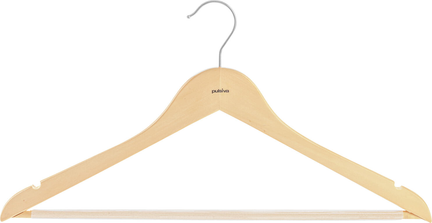 PULSIVA LUSINI Solutions GmbH Hotel coat hangers Pendurar Hotel Kleiderbügel Pendurar Hotel coat hangers Pendurar; 44.5x22.5 cm (LxH); natural; 10 piece / pack Hotel Kleiderbügel Pendurar; 44.5x22.5 cm (LxH); natur; 10 Stück / Pack Sturdy coat hanger made of lotus wood, chrome hooks. With non-slip bar and skirt notches. Can be wiped clean with a damp cloth, wipe with a dry cloth. Stabiler Kleiderbügel aus Lotos-Holz, Haken aus Chrom. Mit rutschfestem Steg und Rockeinschnitten. Mit einem feuchten Tuch abwischbar, mit trockenem Tuch nachwischen.