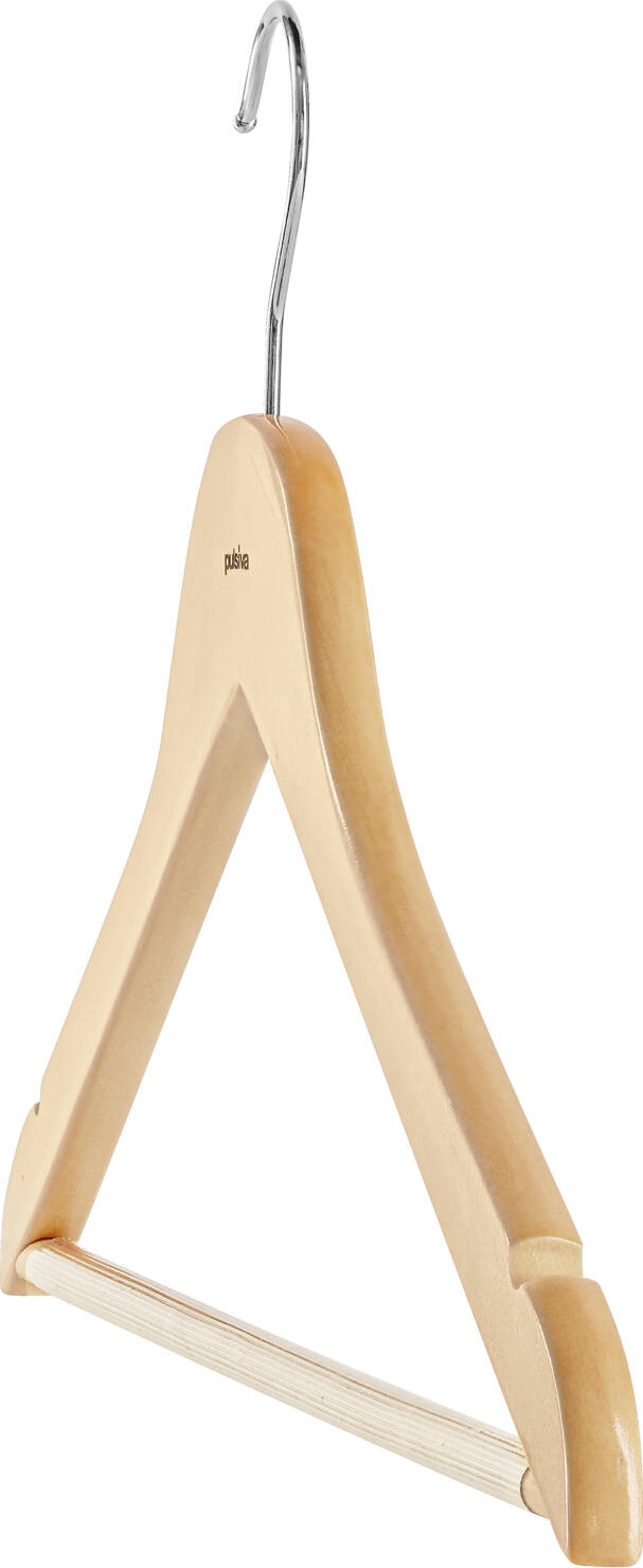 Uloare Pulsiva Pendurar pentru haine hotel, lemn lotus, cu crosetele cromate, bară antialunecare și crestături pentru fustă, culoare naturală, 44.5 x 22.5 cm