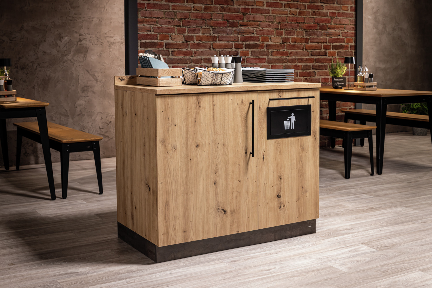 VEGA Baristo Basic Serving Station, Wood-based Panels, 110x61x99.5cm, Wild Oak, Built-in Waste System 20L, Adjustable Shelves, Service Station