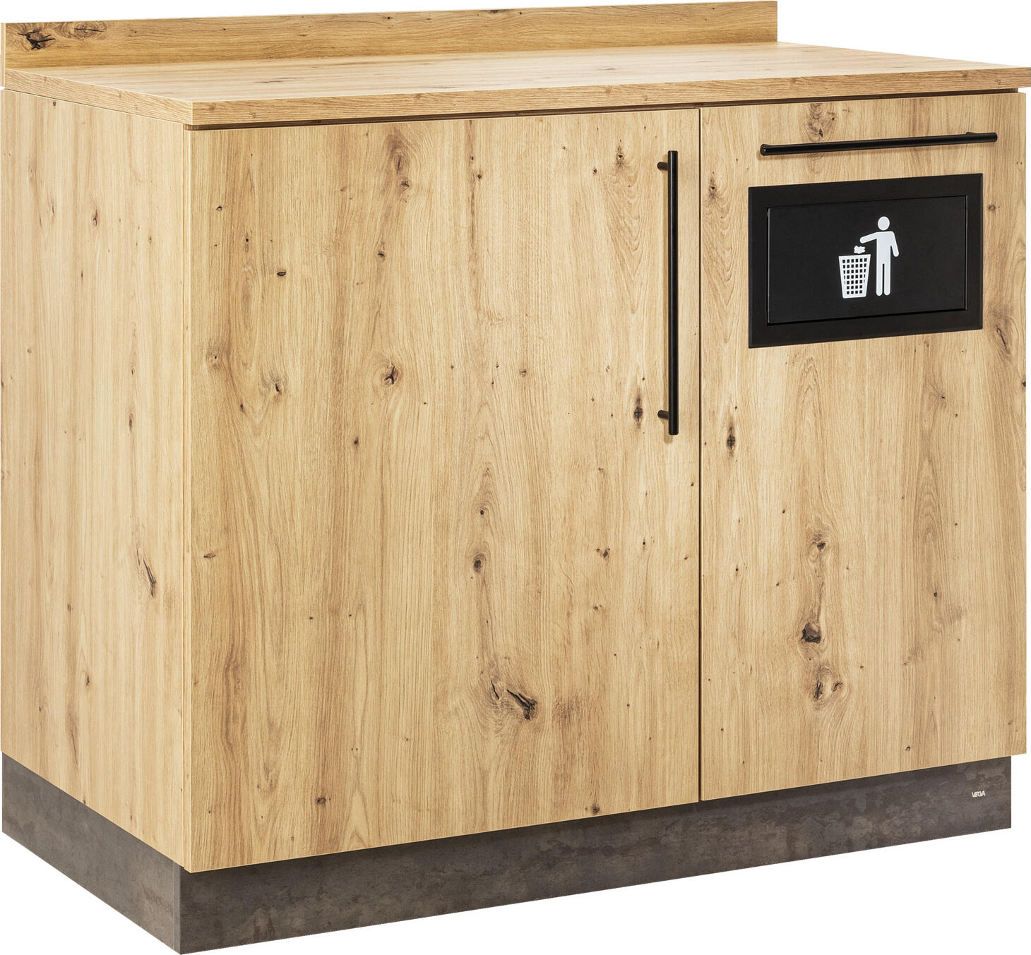 VEGA LUSINI Solutions GmbH Serving station Baristo Basic with waste system Servicestation Baristo Basic, mit Abfallsystem Serving station Baristo Basic with waste system; 110x61x99.5 cm (WxDxH); wild oak, handle black Servicestation Baristo Basic, mit Abfallsystem; 110x61x99.5 cm (BxTxH); wildeiche, Griff schwarz The Baristo Basic service station is the perfect piece of furniture for restaurants, cafés, bakeries or business areas, whether as a self-service coffee station or service point in everyday catering. There is space for professional coffee machines, cash register systems or menus and everything that needs to be within easy reach on the robust shelf. Maximum load of the work surface 80 kg. The Baristo Basic system consists of wood-based panels. * 2 different colour versions available * Hinged door with high-quality hinges and two height-adjustable shelves (max. load 25 kg per shelf) * Includes built-in waste disposal flap and integrated waste system * 20 litre waste bin capacity * Floor levelling feet * Back with decorative coating for free-standing positioning in the room * Delivered assembled * Suitable for indoor use only Die Service-Station Baristo Basic ist das perfekte Mobiliar für Restaurant, Café, Bäckerei oder Businessbereich, ob als Self-Service Kaffeestation oder Servicepoint im Gastroalltag. Auf der robusten Ablagefläche finden Profi-Kaffeemaschinen, Kassensysteme oder Speisekarten Platz und alles, was schnell griffbereit sein soll. Maximale Belastung der Arbeitsfläche 80 kg. Das System Baristo Basic besteht aus Holzwerkstoffplatten. * 2 unterschiedliche Farbausführungen verfügbar * Drehtüre mit hochwertigen Topfbändern und zwei höhenverstellbare Fachböden (max. Belastung 25 kg pro Boden) * inklusive eingebaute Abfall-Abwurfklappe und integriertes Müllsystem * Fassungsvermögen Abfalleimer 20 Liter * bodenausgleichende Stellfüße * Rückseite mit dekorativen Beschichtung zum freien Stellen im Raum * wird montiert geliefert * nur für den Innenbereich geeignet