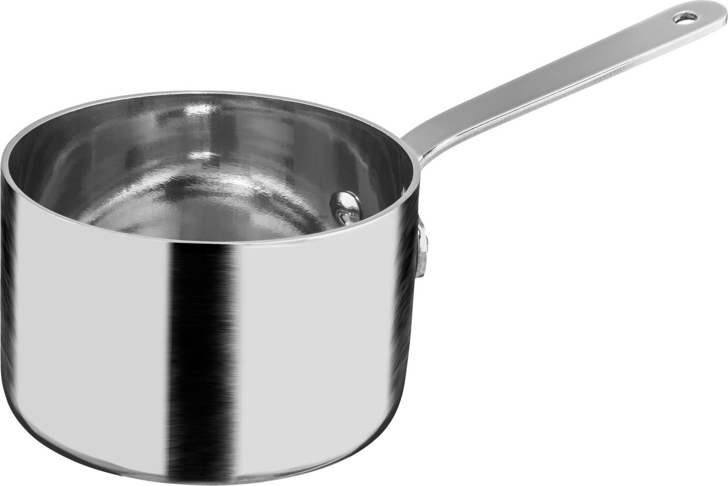 VEGA LUSINI Solutions GmbH Mini saucepan Pani Mini Stielkasserolle Pani Mini saucepan Pani; 150 ml, 7x4.5 cm (ØxH); silver; round Mini Stielkasserolle Pani; 150 ml, 7x4.5 cm (ØxH); silber; rund Mini saucepan made of chrome-nickel stainless steel 18/0. Suitable for all hobs except gas and induction. Not suitable for microwave. All dimensions are measured without handles. Suitable for dishwasher. Mini-Sielkasserolle aus Chrom-Nickel-Edelstahl 18/0, rostfrei. Für alle Kochfelder, außer Gas und Induktion, geeignet. Nicht mikrowellengeeignet. Alle Abmessungen sind ohne Griffe gemessen. Spülmaschinengeeignet.