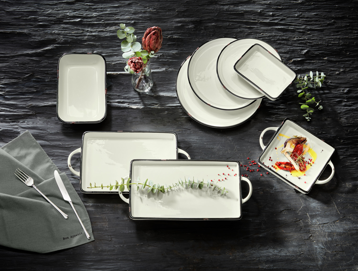 VEGA Liron Porcelain Serving Platter, Rectangular, Retro Cream White with Black Rim, Dishwasher and Microwave Safe