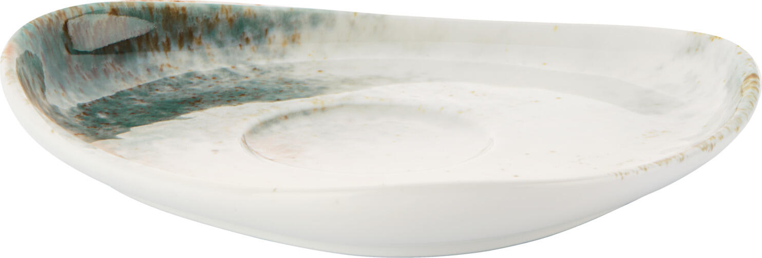 Farfurii pentru ceasti din porțelan Vega Lusini Purio cu forma organică irregulară, Alb/Teal, rezistente la mașina de spălat vase și cuptor cu microunde, 15.5 x 14 x 2.3 cm