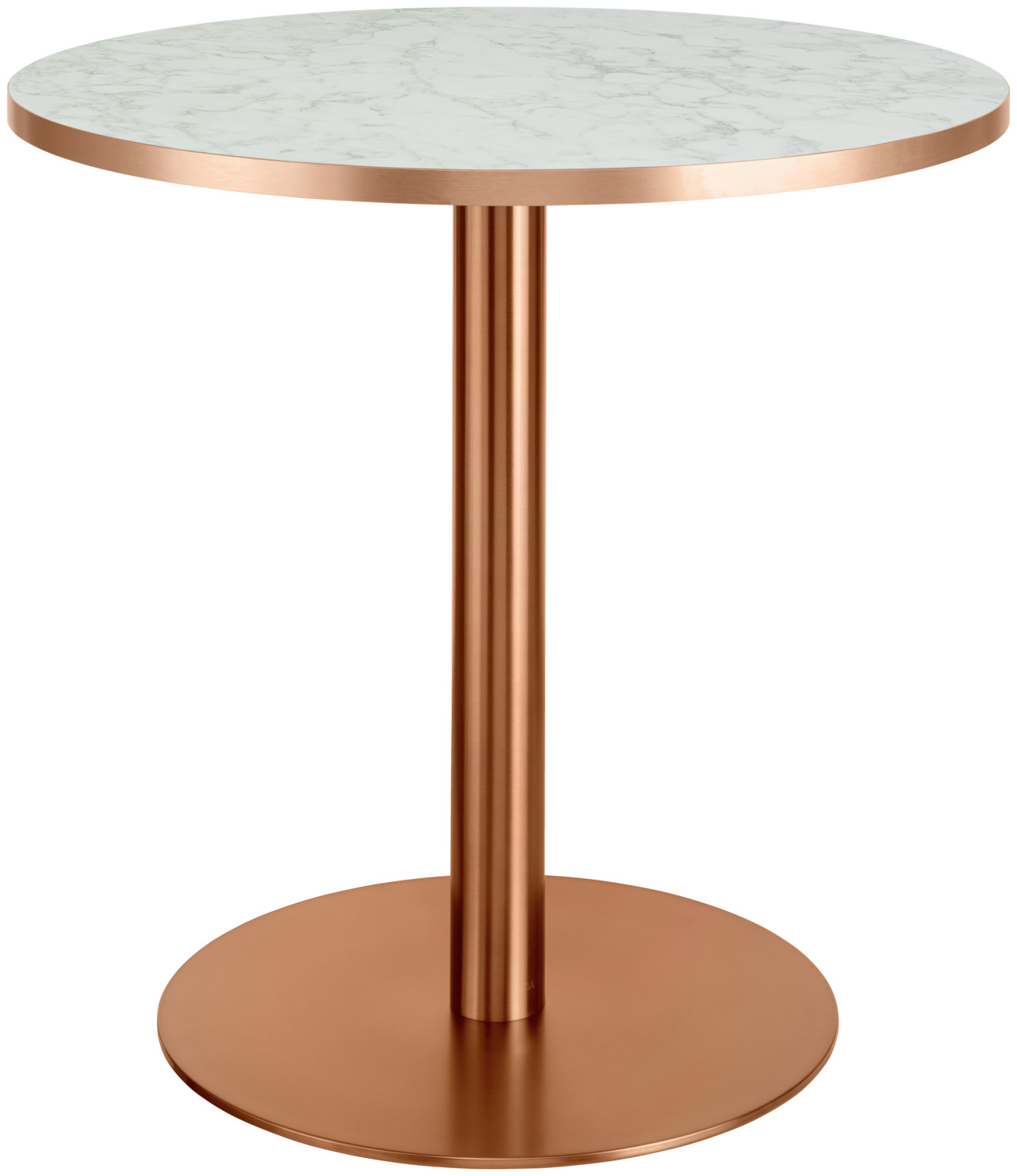 VEGA LUSINI Solutions GmbH Dining table Marvani table base stainless steel copper Esstisch Marvani Tischgestell Edelstahl kupfer Dining table Marvani table base stainless steel copper; 75x80 cm (HxØ); Table top white/copper/marbled, base copper; round Esstisch Marvani Tischgestell Edelstahl kupfer; 75x80 cm (HxØ); Platte weiß/kupfer/marmoriert, Gestell kupfer; rund Dining table with Orio stainless steel table base in copper lacquer and table top in marble look with copper brushed aluminium edges (2 mm). Supplied disassembled, including fixing material for the table base. Only suitable for indoor use. Esstisch mit Edelstahltischsäule Orio in kupfer lackiert und Tischplatte in Marmoroptik mit kupfer gebürsteten Aluminiumkanten (2 mm). Wird zerlegt geliefert, inklusive Befestigungsmaterial bei der Tischsäule. Nur für den Innenbereich geeignet.
