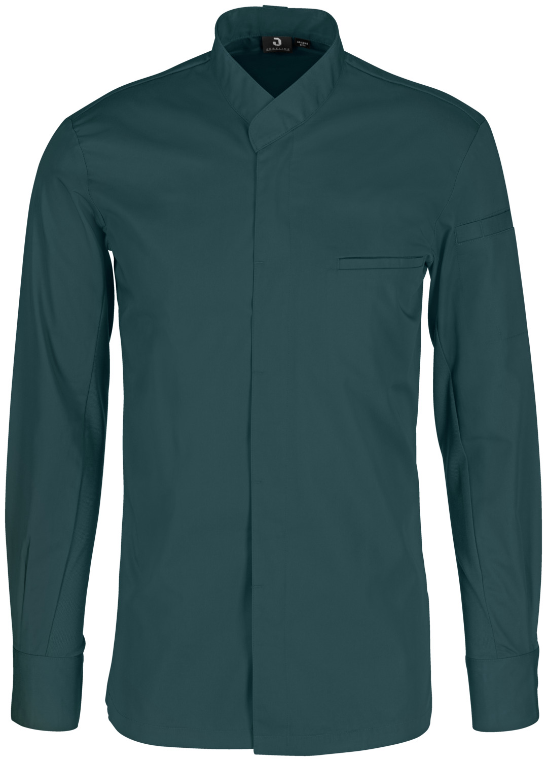 JOBELINE LUSINI Solutions GmbH Men's chef's jacket Marco long-sleeved Herren Kochjacke Marco Langarm Men's chef's jacket Marco long-sleeved; Size 60; petrol green Herren Kochjacke Marco Langarm; Kleidergröße 60; petrolgrün 65 %  polyester, 35 % cotton. 150 g/m². 60 °C wash. Elegant men's chef jacket made of an extra-light and breathable fabric. With stand-up collar and concealed snap button placket, as well as a two-section upper arm pocket. With an inset welt pocket on the chest and practical bib apron loop at the neck. The sleeve end is formed by a classic shirt cuff with snap buttons. The entire back, as well as the lower part of the sleeves, is made of a breathable and elastic piqué material, which ensures a slim and extremely comfortable fit. Slightly tailored cut. Back length: 79 cm for size 50. 65 % Polyester, 35 % Baumwolle. 150 g/m². 60°-Wäsche Elegante Herrenkochjacke aus einem extraleichten und atmungsaktiven Gewebe. Mit Stehkragen und verdeckter Druckknopfleiste, sowie einer zweigeteilten Oberarmtasche. Mit einer eingelassenen Paspeltasche auf der Brust und praktischen Latzschürzenschlaufe im Nacken. Den Ärmelabschluss bildet eine klassische Hemdenmanschette mit Druckknöpfen. Die gesamte Rückenpartie, sowie der untere Teil der Ärmel besteht aus einem atmungsaktiven und elastischem Piqué Material, das für eine schmale und äußerst bequeme Passform sorgt. Leicht tailliert geschnitten. Rückenlänge: 79 cm in Gr. 50