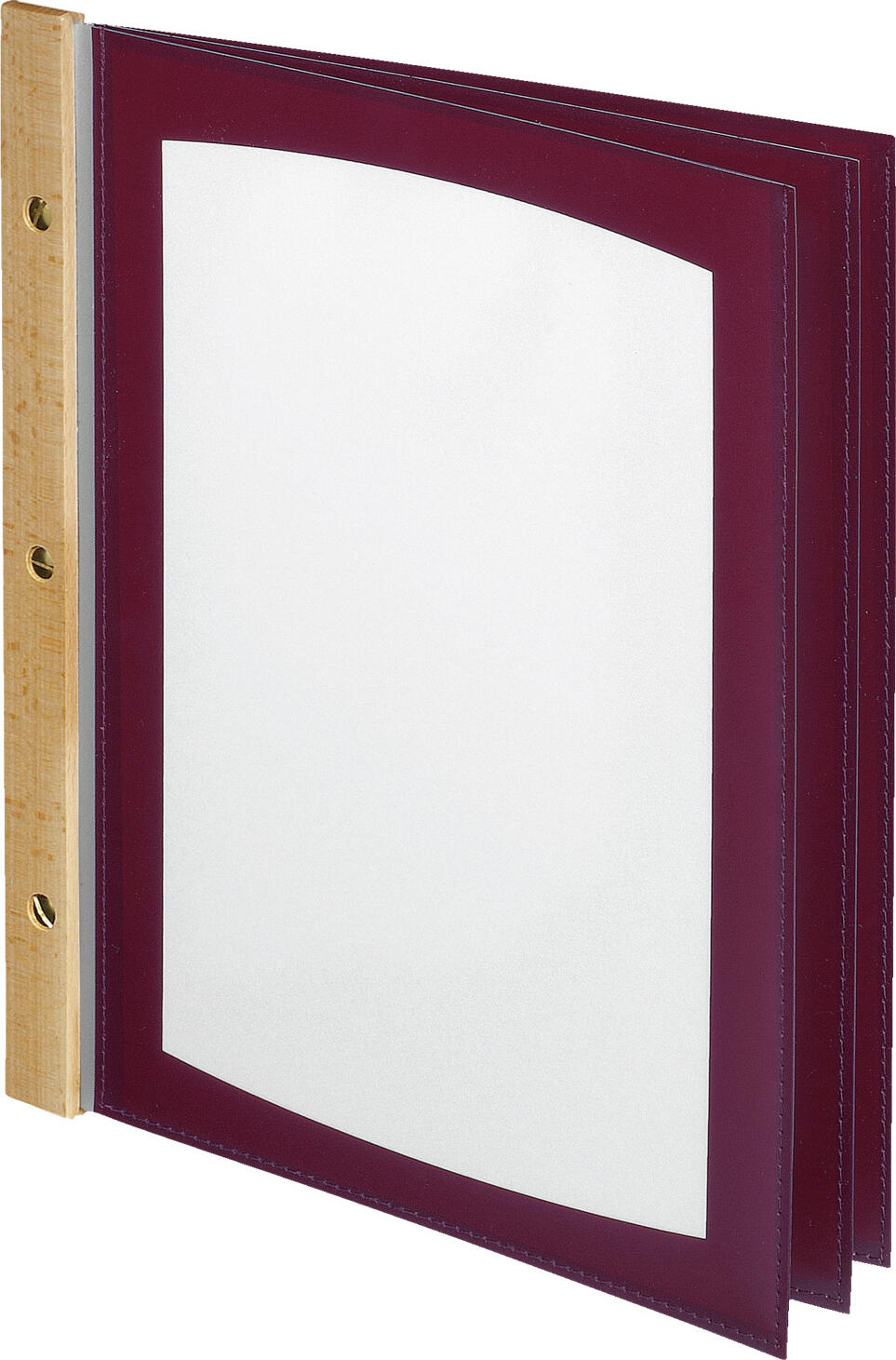 PULSIVA LUSINI Solutions GmbH Menu Mias Speisekarte Mias Menu Mias; size A4, 25.5x33 cm (WxH); bordeaux Speisekarte Mias; Größe DIN A4, 25.5x33 cm (BxH); bordeaux Expandable menus made of PVC in A4 with gold-colored brass screws. Lacquered wooden bar made of beech. White insert cartons for individual labeling. Expandable with additional pockets, delivered with 3 pockets. Erweiterbare Speisekarte aus Kunststoff in DIN A4. Einlegekartons zur individuellen Beschriftung. Erweiterung mittels weiterer Einschubtaschen möglich, Lieferung mit drei Einschubtaschen.
