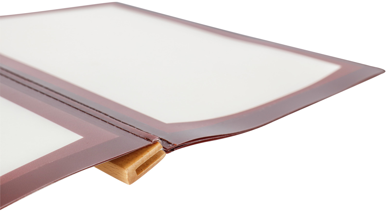 Pulsiva Mias Expandable Menu Folder DIN A4 Bordeaux PVC Cover Lacquered Beech Wood Spine Gold Brass Screws 3 Pockets with Labeling Inserts 25.5 x 33 cm