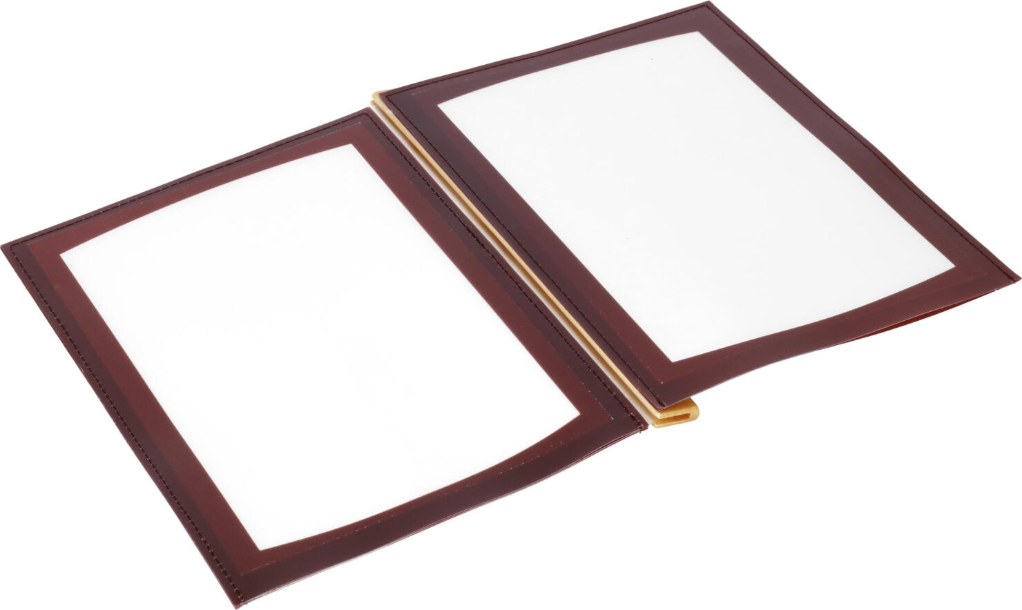 Pulsiva Mias Expandable Menu Folder DIN A4 Bordeaux PVC Cover Lacquered Beech Wood Spine Gold Brass Screws 3 Pockets with Labeling Inserts 25.5 x 33 cm