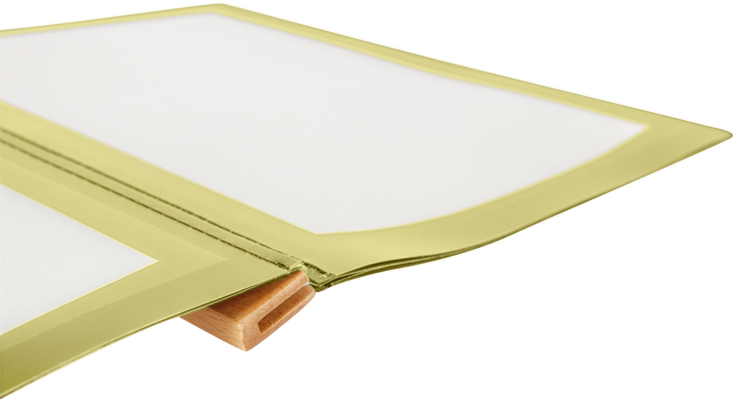 Dosar Meniu Extensibil Pulsiva Mias DIN A4 Coperta PVC Bej Cotizoare lemn beech lacuit Uruburi alamă gold 3 buzunare cu inserturi etichetare 25.5 x 33 cm