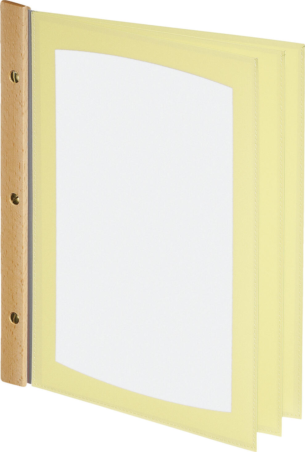 PULSIVA LUSINI Solutions GmbH Menu Mias Speisekarte Mias Menu Mias; size A4, 25.5x33 cm (WxH); beige Speisekarte Mias; Größe DIN A4, 25.5x33 cm (BxH); beige Expandable menus made of PVC in A4 with gold-colored brass screws. Lacquered wooden bar made of beech. White insert cartons for individual labeling. Expandable with additional pockets, delivered with 3 pockets. Erweiterbare Speisekarte aus Kunststoff in DIN A4. Einlegekartons zur individuellen Beschriftung. Erweiterung mittels weiterer Einschubtaschen möglich, Lieferung mit drei Einschubtaschen.
