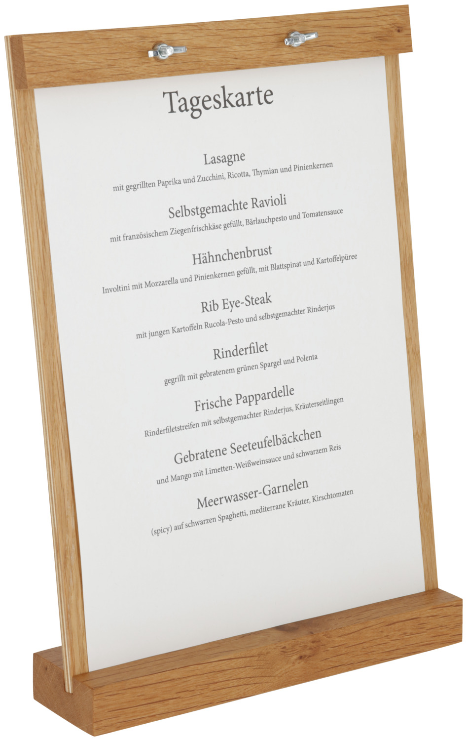 VEGA Serchio Table Display Stand for DIN A4 Menus, Solid Oak Wood, Oiled Brown Finish, with Wing Nut Fixing, 20 x 9 x 33 cm
