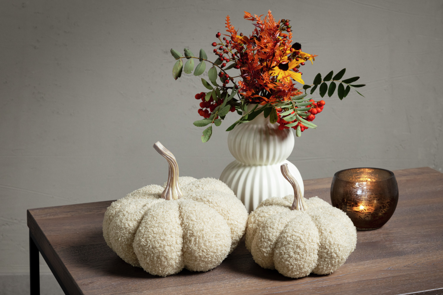 Vega Adian Decorative Pumpkin, Round Teddy Fabric Polyester Ornament, Beige, 17 cm Diameter x 16 cm Height