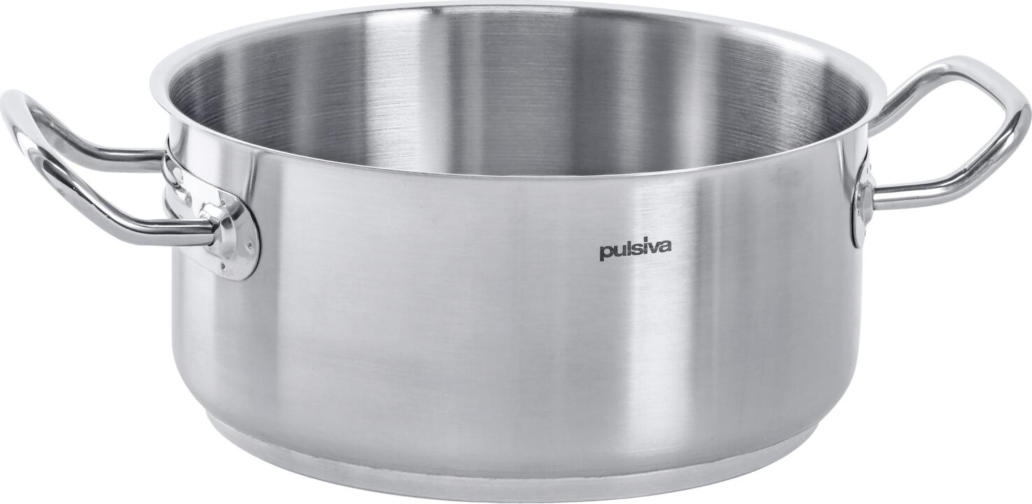 PULSIVA LUSINI Solutions GmbH Roasting pan Chef Bratentopf Chef Roasting pan Chef; 5 l, 24x11 cm (ØxH); silver Bratentopf Chef; 5 l, 24x11 cm (ØxH); silber Cooking pot made of chrome-nickel stainless steel 18/0, rustproof, matt brushed. Extra strong design. Strong stainless steel base in sandwich technique, with 6 mm aluminium core. Spot-welded, solid handles. With pouring rim. Available in different sizes. Suitable for all hob types. Supplied without lid. Kochtopf aus Chrom-Nickel-Edelstahl 18/0, rostfrei, matt gebürstet. Extra starke Ausführung. Starker Edelstahlboden in Sandwich-Technik, mit 6 mm Aluminiumkern. Punktgeschweißte, massive Griffe. Mit Schüttrand. In unterschiedlichen Größen erhältlich. Geeignet für alle Herdarten. Lieferung ohne Deckel.