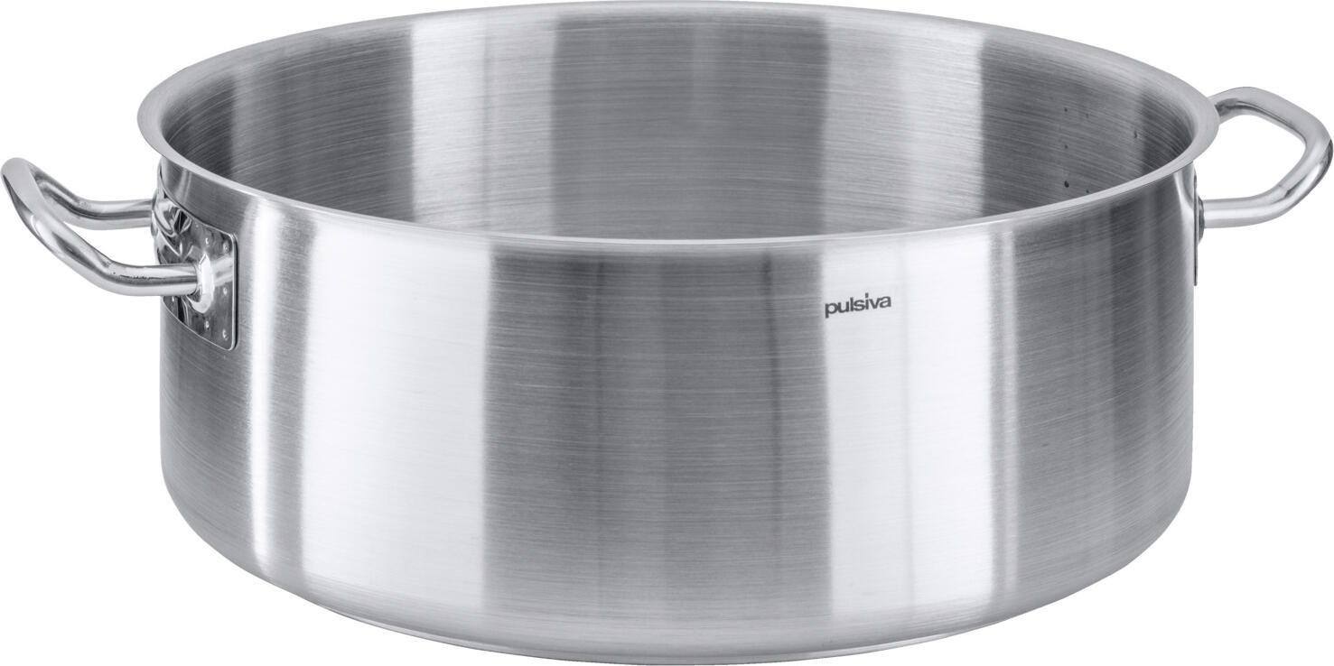PULSIVA LUSINI Solutions GmbH Roasting pan Chef Bratentopf Chef Roasting pan Chef; 18.8 l, 40x16 cm (ØxH); silver Bratentopf Chef; 18.8 l, 40x16 cm (ØxH); silber Cooking pot made of chrome-nickel stainless steel 18/0, rustproof, matt brushed. Extra strong design. Strong stainless steel base in sandwich technique, with 6 mm aluminium core. Spot-welded, solid handles. With pouring rim. Available in different sizes. Suitable for all hob types. Supplied without lid. Kochtopf aus Chrom-Nickel-Edelstahl 18/0, rostfrei, matt gebürstet. Extra starke Ausführung. Starker Edelstahlboden in Sandwich-Technik, mit 6 mm Aluminiumkern. Punktgeschweißte, massive Griffe. Mit Schüttrand. In unterschiedlichen Größen erhältlich. Geeignet für alle Herdarten. Lieferung ohne Deckel.