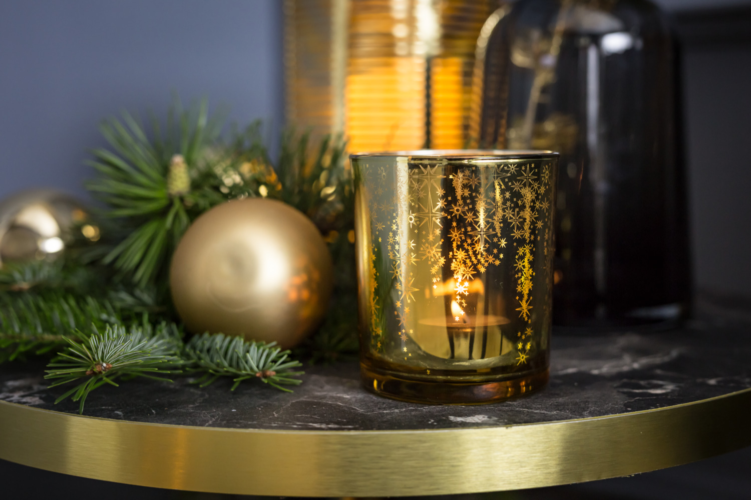 VEGA Marvani Round Side Table, Black Marble Look Top with Gold Brushed Aluminium Edges, Gold Lacquered Stainless Steel Base, 46.5cm Height x 50cm Diameter