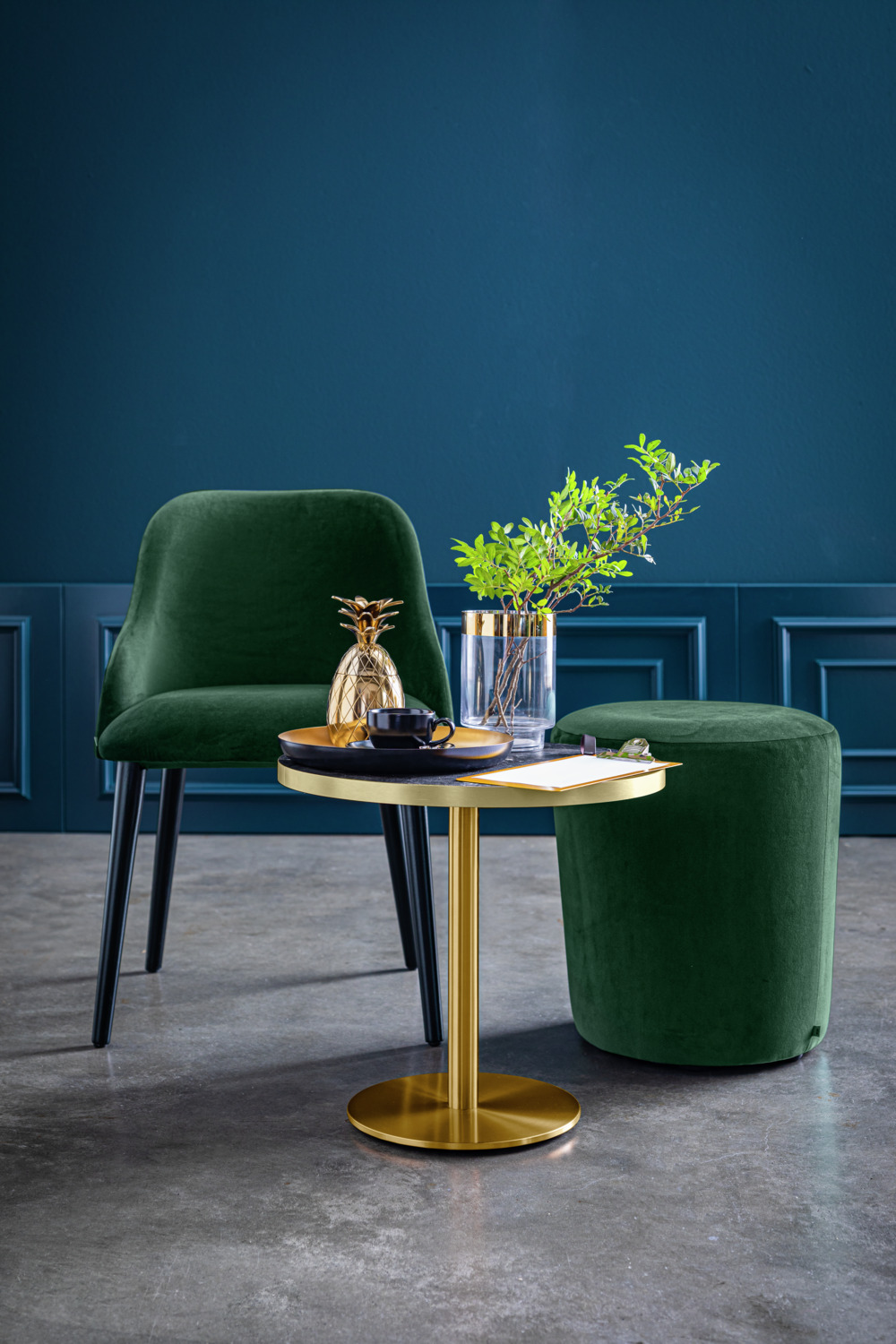 VEGA Marvani Round Side Table, Black Marble Look Top with Gold Brushed Aluminium Edges, Gold Lacquered Stainless Steel Base, 46.5cm Height x 50cm Diameter