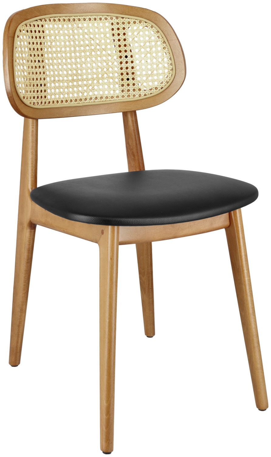 VEGA LUSINI Solutions GmbH Viennese wickerwork chair Vindo imitation leather Wiener Geflecht Stuhl Vindo Kunstleder Viennese wickerwork chair Vindo imitation leather; 45x51x83 cm (WxDxH); seat black, base light-brown; 2 piece / pack Wiener Geflecht Stuhl Vindo Kunstleder; 45x51x83 cm (BxTxH); Sitz schwarz, Gestell hellbraun; 2 Stück / Pack Elegant chair made of a lacquered beech wood frame with a seat made of imitation leather. The highlight is the Vienna weave incorporated into the backrest. Includes plastic glides. Suitable for indoor use only. Delivered assembled. Vienna weave is an extremely durable and hard-wearing natural material. To maintain its elasticity, the upholstery should be moistened regularly - for example, by wiping the back of the wickerwork with a damp cloth. Dirt is also best removed with water. Eleganter Stuhl aus einem lackierten Buchenholzgestell mit einer Sitzfläche aus Kunstleder. Highlight ist eingearbeitetes Wiener Geflecht in der Rückenlehne. Inklusive Kunststoffgleiter. Nur für den Innenbereich geeignet. Lieferung erfolgt montiert. Wiener Geflecht ein ausgesprochen langlebiges und strapazierfähiges Naturmaterial. Um die Elastizität zu erhalten, sollte die Bespannung regelmäßig befeuchtet werden – zum Beispiel, indem man mit einem feuchten Tuch über die Rückseite des Geflechts wischt. Auch Verschmutzungen lassen sich am besten mit Wasser entfernen.