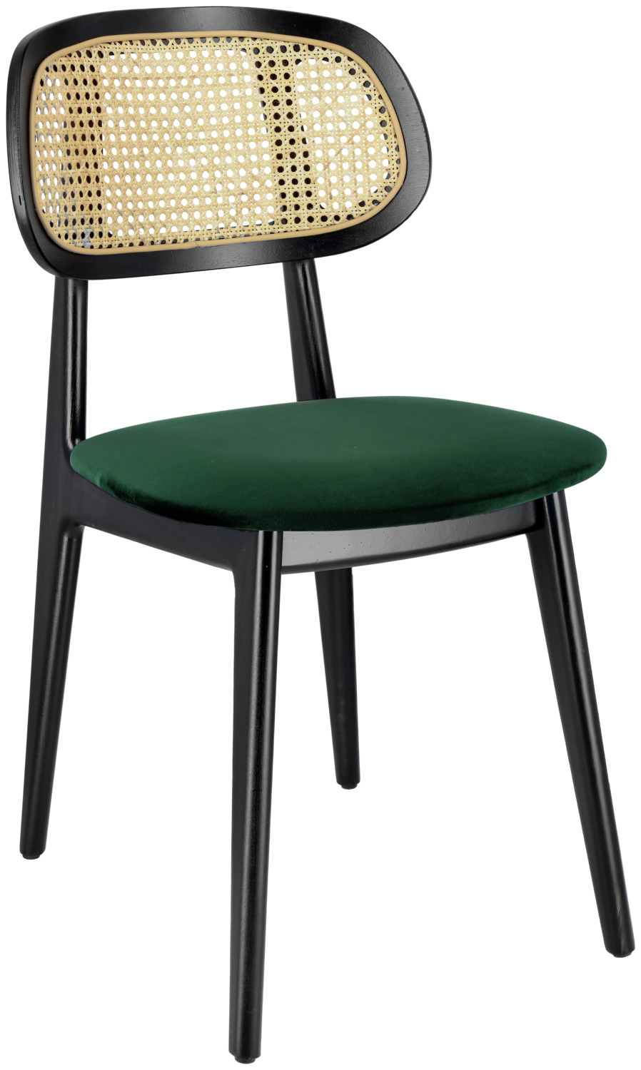 VEGA LUSINI Solutions GmbH Viennese wickerwork chair Vindo velvet Wiener Geflecht Stuhl Vindo Samt Viennese wickerwork chair Vindo velvet; 45x51x83 cm (WxDxH); seat fir-green, base black; 2 piece / pack Wiener Geflecht Stuhl Vindo Samt; 45x51x83 cm (BxTxH); Sitz tannengrün, Gestell schwarz; 2 Stück / Pack Elegant chair made of a lacquered beech wood frame with a seat made of velvet fabric (100 % polyester). The highlight is the Vienna weave incorporated into the backrest. Includes plastic glides. Suitable for indoor use only. Supplied assembled. Vienna weave is an extremely durable and hard-wearing natural material. To maintain its elasticity, the upholstery should be moistened regularly - for example, by wiping the back of the wickerwork with a damp cloth. Dirt is also best removed with water. Eleganter Stuhl aus einem lackierten Buchenholzgestell mit einer Sitzfläche aus Samtstoff (100 % Polyester). Highlight ist eingearbeitetes Wiener Geflecht in der Rückenlehne. Inklusive Kunststoffgleiter. Nur für den Innenbereich geeignet. Lieferung erfolgt montiert. Wiener Geflecht ein ausgesprochen langlebiges und strapazierfähiges Naturmaterial. Um die Elastizität zu erhalten, sollte die Bespannung regelmäßig befeuchtet werden – zum Beispiel, indem man mit einem feuchten Tuch über die Rückseite des Geflechts wischt. Auch Verschmutzungen lassen sich am besten mit Wasser entfernen.