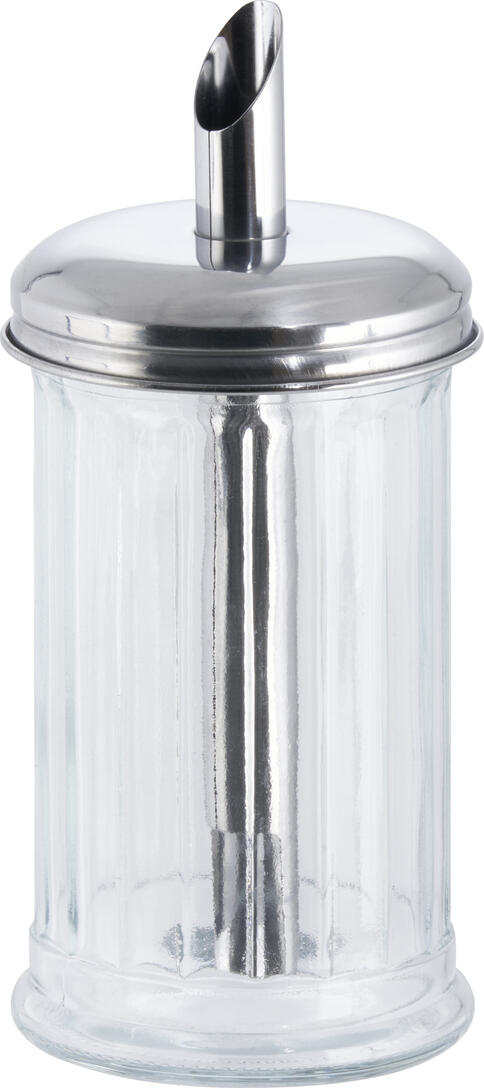 APS Assheuer + Pott GmbH & Co. KG Sugar dispenser with dosing tube Zuckerdosierer mit Dosier-Rohr Sugar dispenser with dosing tube; 320 ml, 7.5x13.5 cm (ØxH); silver/transparent; round Zuckerdosierer mit Dosier-Rohr; 320 ml, 7.5x13.5 cm (ØxH); silber/transparent; rund With dosing tube with lid. The sugar dispenser from APS has a classic, grooved glass, a stainless steel screw-on lid and a dosing tube that ensures easy portioning. Der Zuckerdosierer eignet sich ideal zum sauberen und kontrollierten Portionieren von Zucker am gedeckten Tisch, im Café, Frühstücksbereich oder Buffetservice. Der Glasbehälter ermöglicht eine gute Sicht auf den Füllstand, während der Schraubdeckel mit Dosierrohr eine praktische Handhabung unterstützt. Die pflegeleichte Ausführung ist für den täglichen Einsatz in Gastronomie, Hotellerie und privatem Haushalt geeignet. * Material: Glas und Edelstahl * Mit Schraubdeckel und Dosierrohr * Für Zucker und feine Streuzutaten geeignet * Für Café, Frühstücksbereich, Buffet und Tischservice geeignet * Transparenter Behälter zur einfachen Füllstandskontrolle * Spülmaschinengeeignet