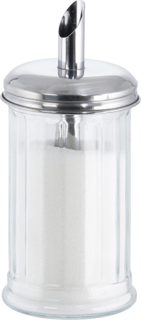 Dispenser Zahar APS Assheuer + Pott 320ml, Corp din Sticla cu Capac din Otel Inoxidabil 18/8 si Tub de Dozare Integrat, 7.5 x 13.5 cm