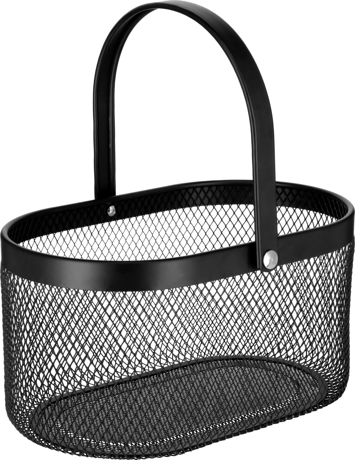 VEGA LUSINI Solutions GmbH Basket Asena with handle Korb Asena mit Griff Basket Asena with handle; 33x21.5x17 cm (LxWxH); black; oval Korb Asena mit Griff; 33x21.5x17 cm (LxBxH); schwarz; oval Oval basket with metal handle. Not suitable for dishwasher. Food-safe. Ovaler Korb mit Griff aus Metall. Nicht spülmaschinengeeignet. Lebensmittelecht.