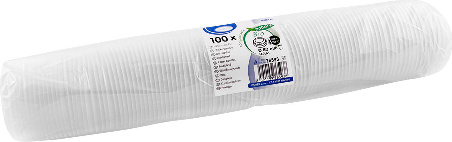 WIMEX 76593 Disposable CPLA Biodegradable Compostable Lids for Travel Cups, 80mm Diameter, White, Leak-proof with Drinking Hole