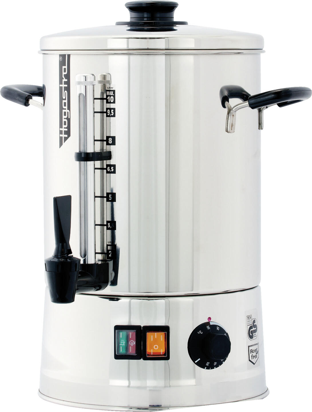 Hogastra Hogastra GmbH Hot water machine HWT-10 Heißwasserautomat HWT-10 Hot water machine HWT-10; 10 l, 44x24 cm (HxØ); silver Heißwasserautomat HWT-10; 10 l, 44x24 cm (HxØ); silber High-performance hot water machine made of 18/10 stainless steel. Can provide up to 15 liters of water per hour. Heat-up time approx. 20 minutes.  A practical tap allows cups or jugs to be filled quickly. A sight glass indicates the amount of water left. Power: 2000 watts, capacity 2 - 10 liters, illuminated on/off switch, indicator light: heating phase red or holding phase green. With manually adjustable temperature control, stainless steel underfloor heating for temperatures between 30 °C and 95 °C. Hochleistungsfähiger Heißwasserautomat aus Edelstahl 18/10, rostfrei. Kann bis 15 Liter Wasser pro Stunde bereitstellen. Aufheizzeit ca. 20 Minuten.  Durch praktischen Zapfhahn können Tassen oder im Schnelldurchlauf Kannen gefüllt werden. Ein Schauglas informiert über die noch vorhandene Wassermenge. Leistung: 2000 Watt, Fassungsvermögen 2 - 10 Liter, beleuchteter Ein/Aus-Schalter, Kontrollleuchte: Heizphase rot oder Heißhaltephase grün. Mit manuell einstellbarem Temperaturregler, Edelstahl-Unterbodenheizung für Temperatur zwischen 30 °C und 95 °C.