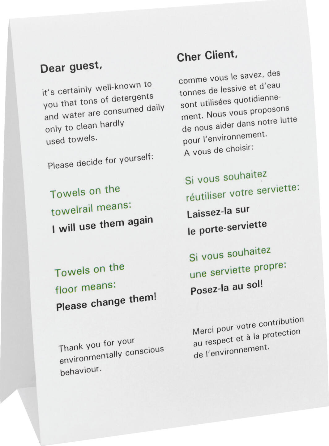 PULSIVA Wash info Waschaufsteller Cardboard Hotel Guest Information Stand, Towel Reuse Instructions, White, 11.2 x 15 cm