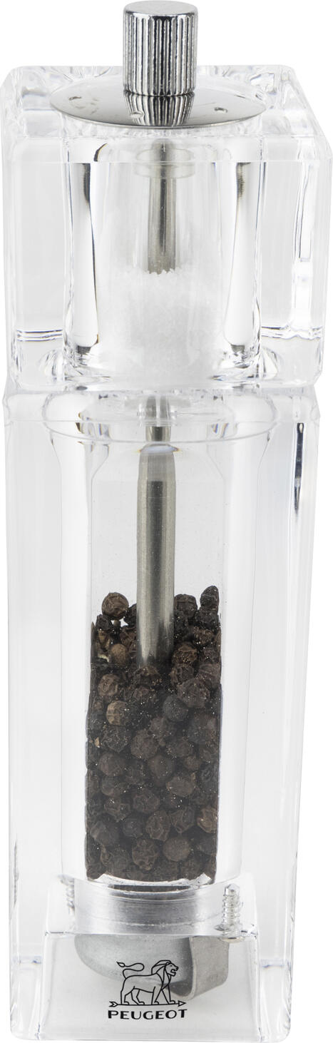 Peugeot Peugeot Saveurs SNC Pepper mill incl. salt shaker Pontarlier Pfeffermühle inkl. Salzstreuer Pontarlier Pepper mill incl. salt shaker Pontarlier; 15 cm (H); transparent; 6 piece / pack Pfeffermühle inkl. Salzstreuer Pontarlier; 15 cm (H); transparent; 6 Stück / Pack Pepper mill with an integrated salt shaker - the Peugeot combination mill "Pontarlier" is ideal for the gastronomes with little space or for whom two mills are simply too much. This dual-function manual mill allows grinding pepper and features a salt shaker on top. Practical and sophisticated, to pepper and salt at the same time. As with all Peugeot mills, the exclusive grinder is guaranteed for 25 years in Germany. Made of transparent acrylic, this manual mill is as functional as it is aesthetic on the table and in the kitchen. Peugeot proves once again that a grinder can perfectly combine performance, ergonomics and beauty of form for the comfort and pleasure of the user. Pfeffermühle mit einem integrierter Salzstreuer - die Peugeot-Kombimühle "Pontarlier" eignet sich ideal für die Gastronomen mit wenig Platz oder denen zwei Mühlen einfach zu viel sind. Diese manuelle Mühle mit Doppelfunktion gestattet das Mahlen von Pfeffer und weist auf der Oberseite einen Salzstreuer auf! Praktisch und ausgefeilt, zum gleichzeitigen Pfeffern und Salzen. Wie bei allen Peugeot-Mühlen wird auf das exklusive Mahlwerk in Deutschland eine 25-jährige Garantie gewährt. Diese manuelle Mühle aus transparentem Acryl ist auf dem Tisch und in der Küche ebenso funktional wie ästhetisch. Peugeot stellt erneut unter Beweis, dass ein Mühle Leistung, Ergonomie und Formschönheit perfekt zum Komfort und Vergnügen des Benutzers kombinieren kann!